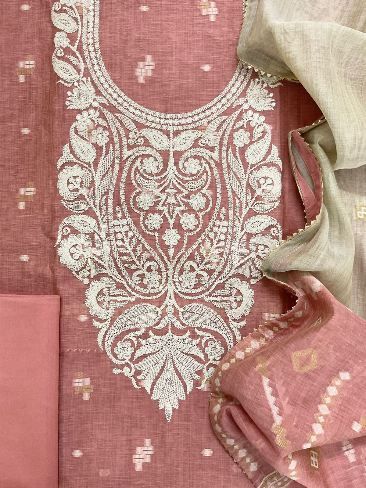 Pure Fine Slub Chanderi Jamdani Weaved Embroidered Suit - Peach