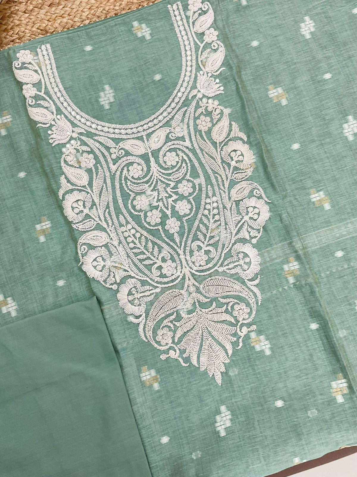 Pure Fine Slub Chanderi Jamdani Weaved Embroidered Suit - Sea Green