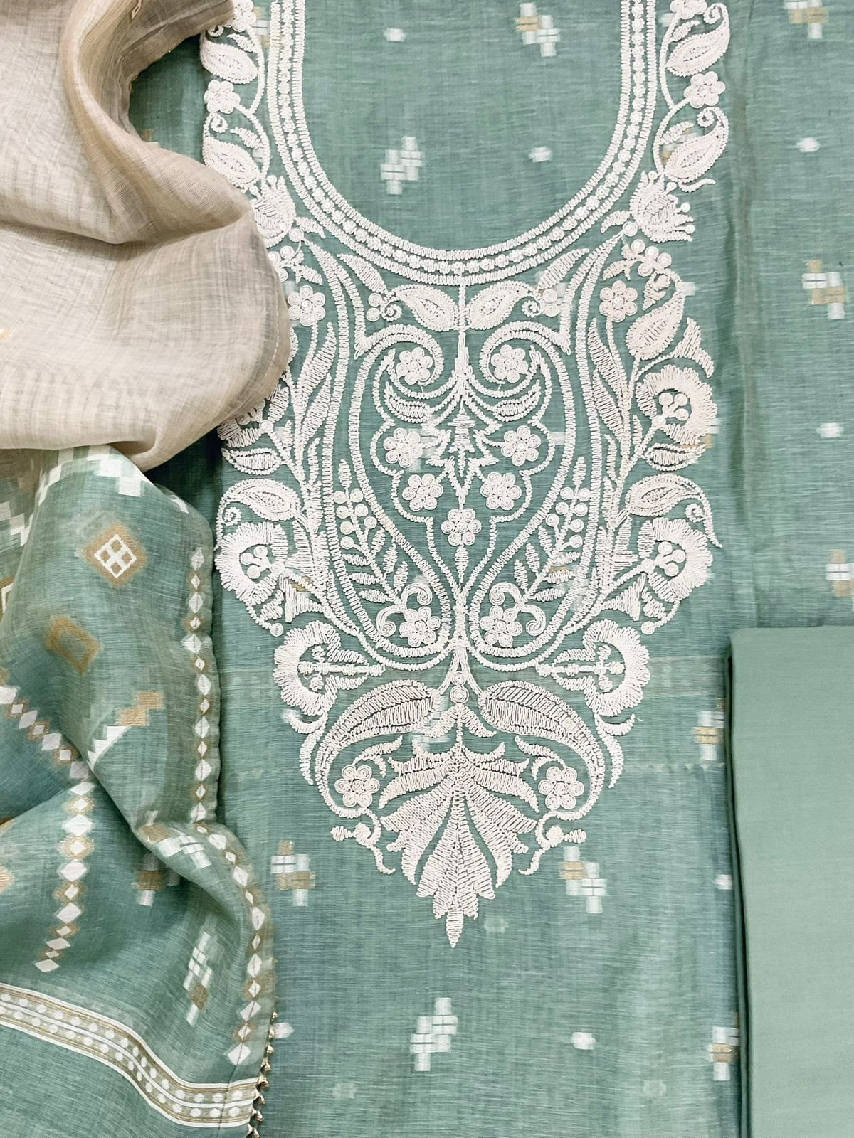 Pure Fine Slub Chanderi Jamdani Weaved Embroidered Suit - Sea Green