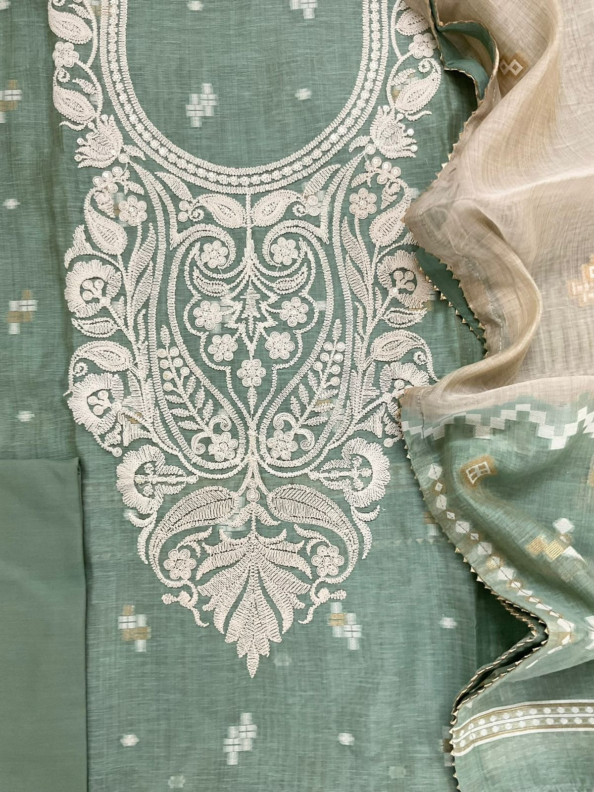 Pure Fine Slub Chanderi Jamdani Weaved Embroidered Suit - Sea Green