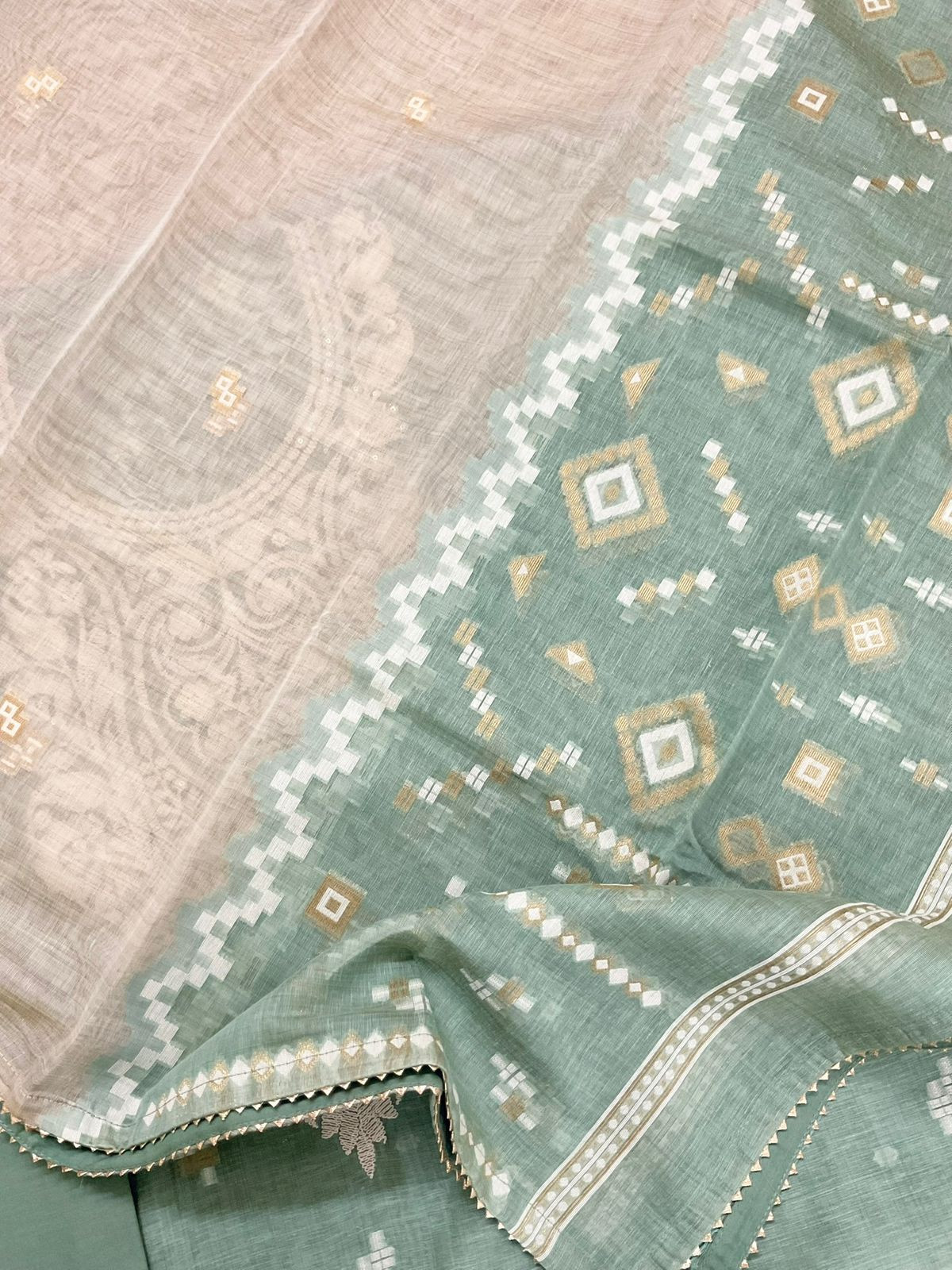 Pure Fine Slub Chanderi Jamdani Weaved Embroidered Suit - Sea Green
