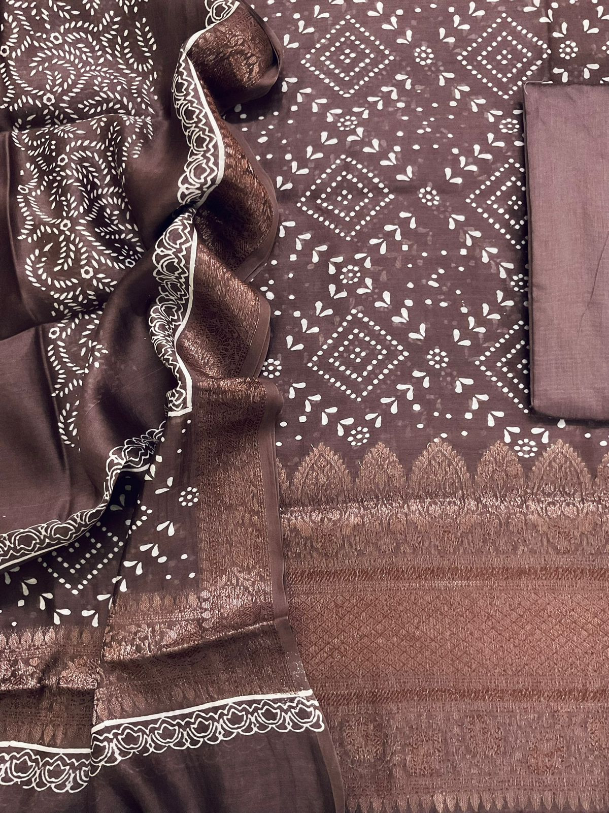 Pure Maheshwari Printed Banarasi Weaved Suit - Brown