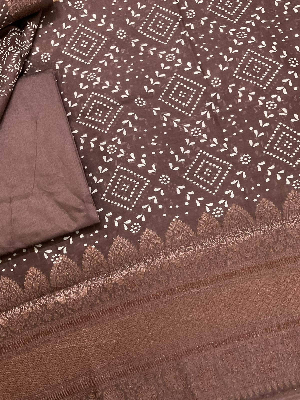 Pure Maheshwari Printed Banarasi Weaved Suit - Brown