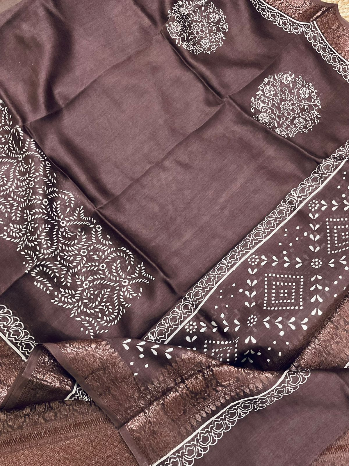 Pure Maheshwari Printed Banarasi Weaved Suit - Brown