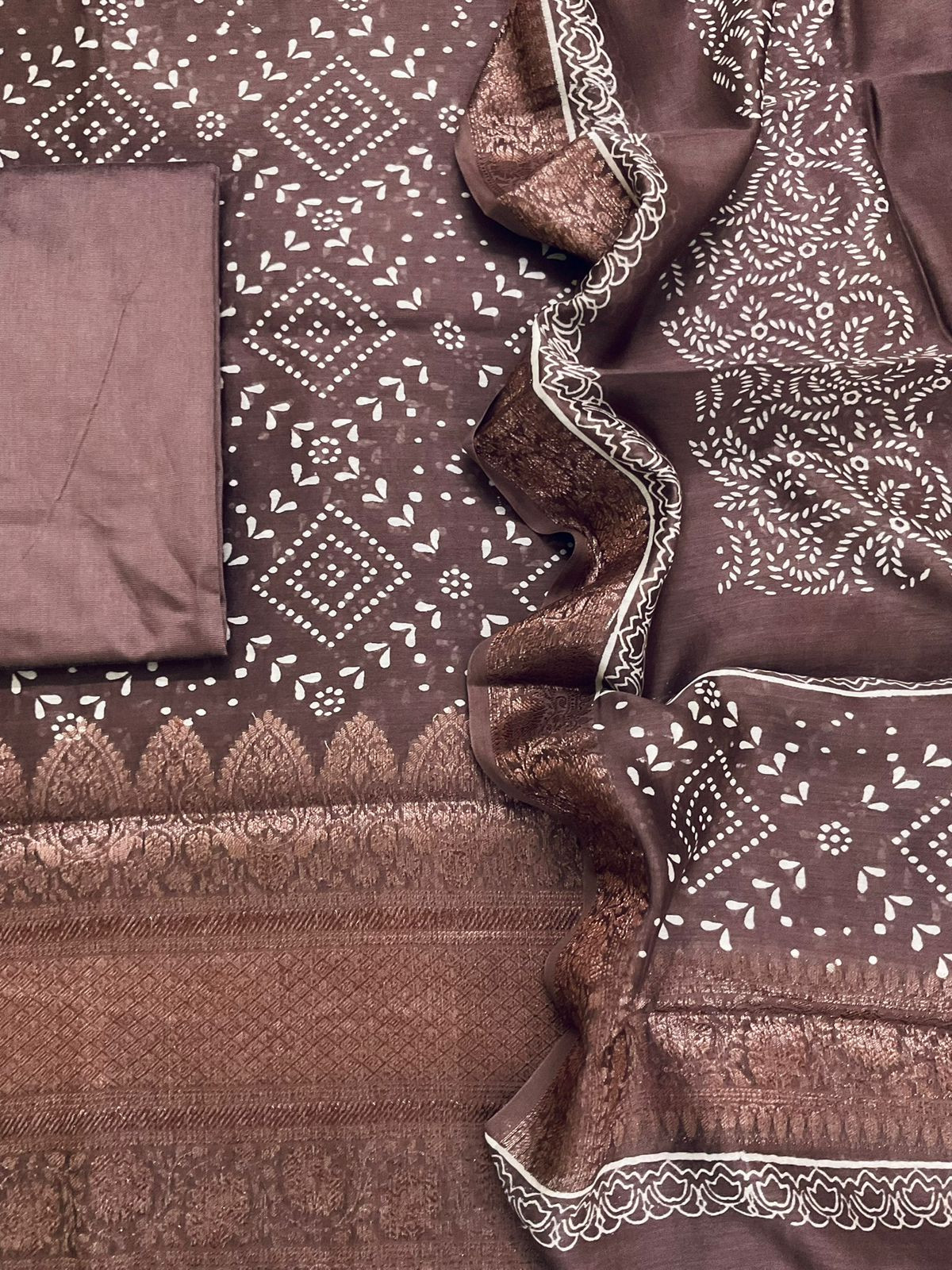Pure Maheshwari Printed Banarasi Weaved Suit - Brown