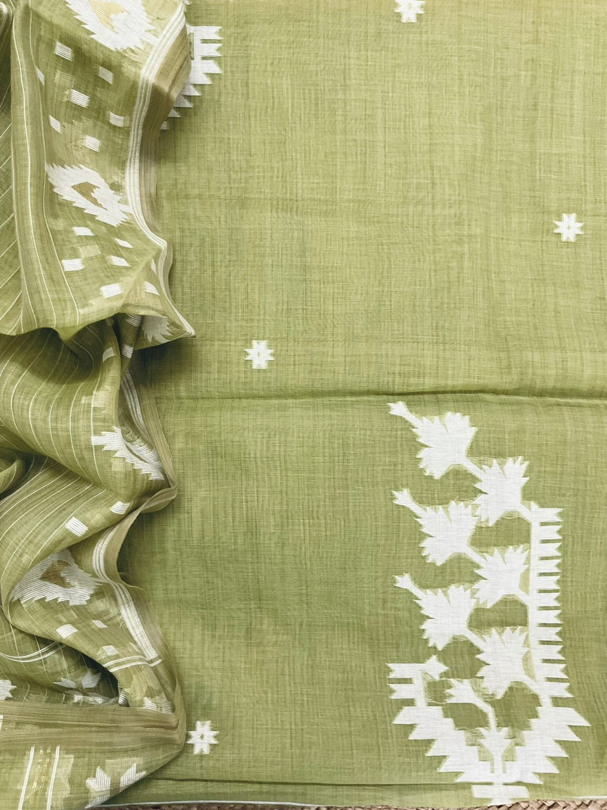 Soft Fine Slub Chanderi Jamdani Weaved Suit - Green