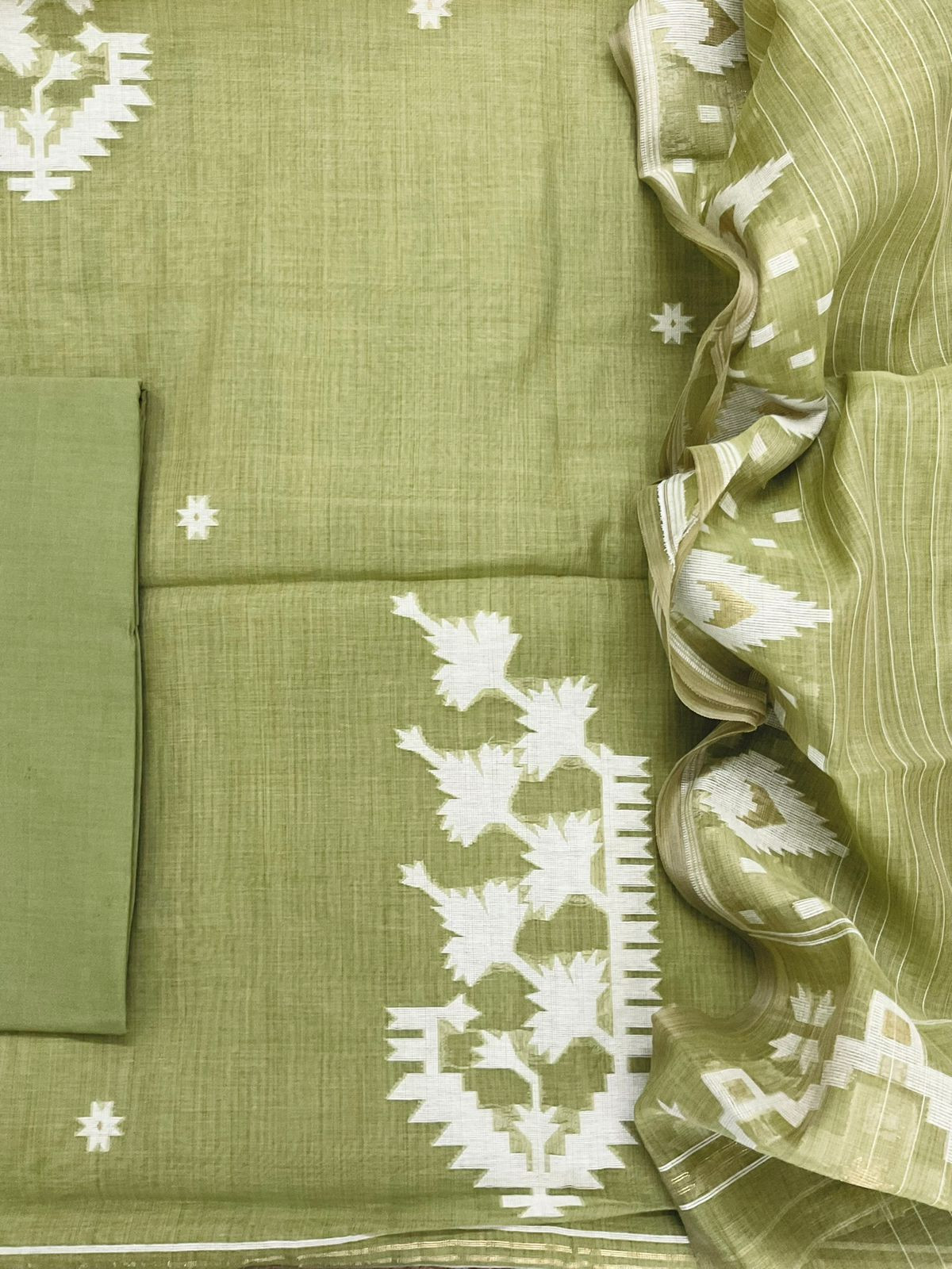 Soft Fine Slub Chanderi Jamdani Weaved Suit - Green