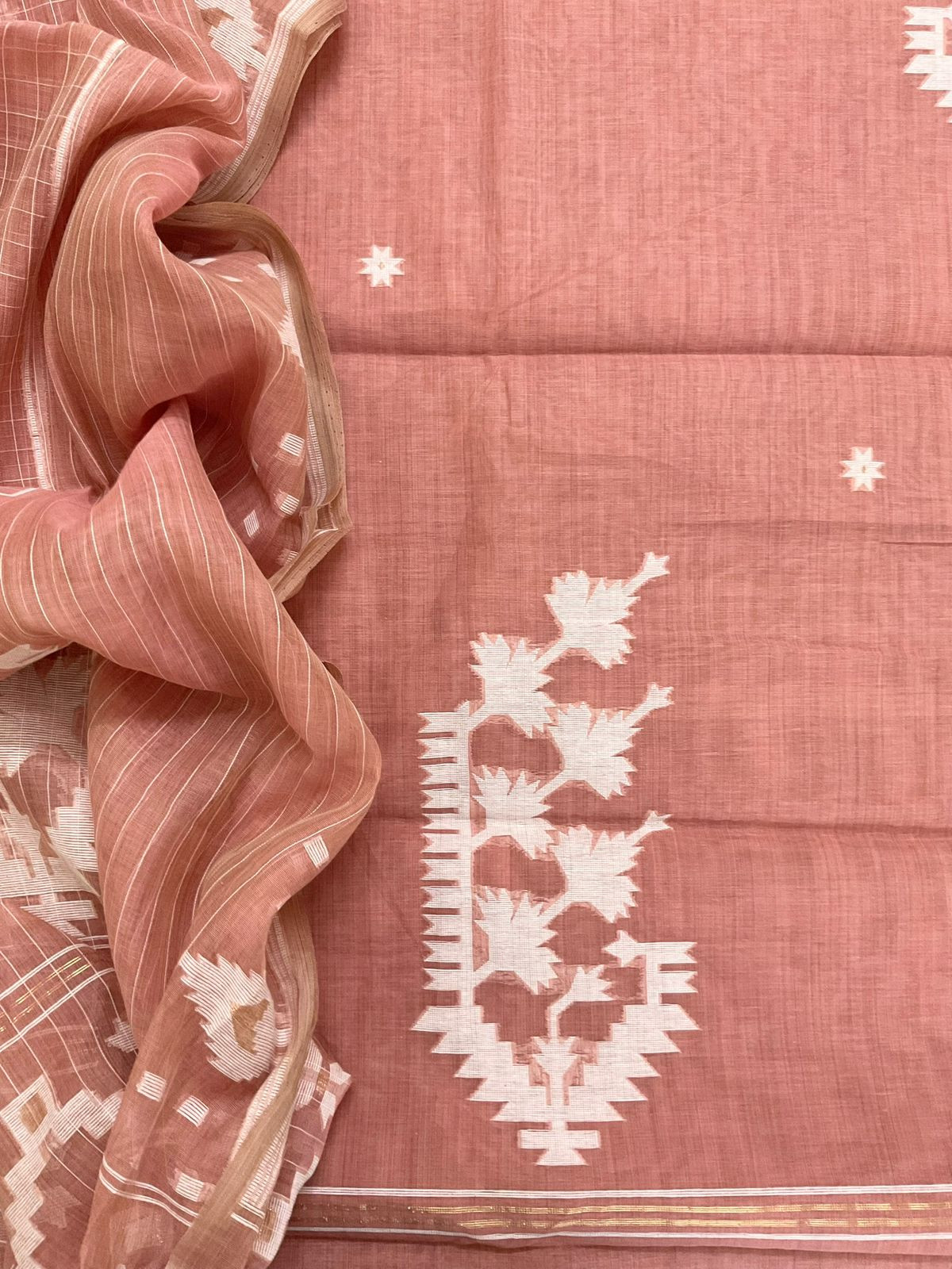 Soft Fine Slub Chanderi Jamdani Weaved Suit - Peach