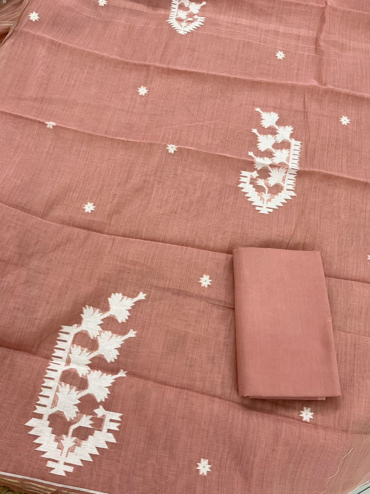 Soft Fine Slub Chanderi Jamdani Weaved Suit - Peach