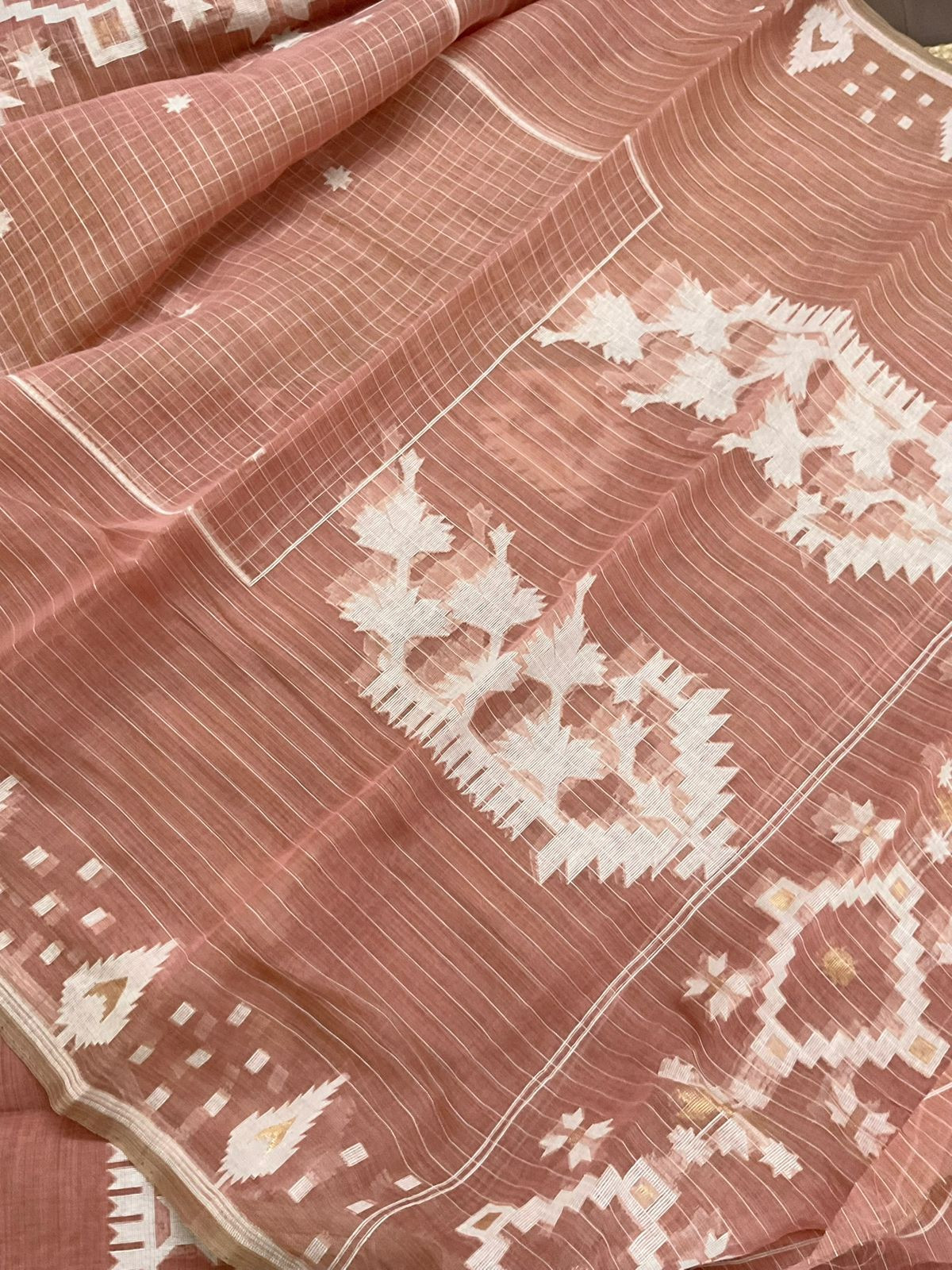 Soft Fine Slub Chanderi Jamdani Weaved Suit - Peach