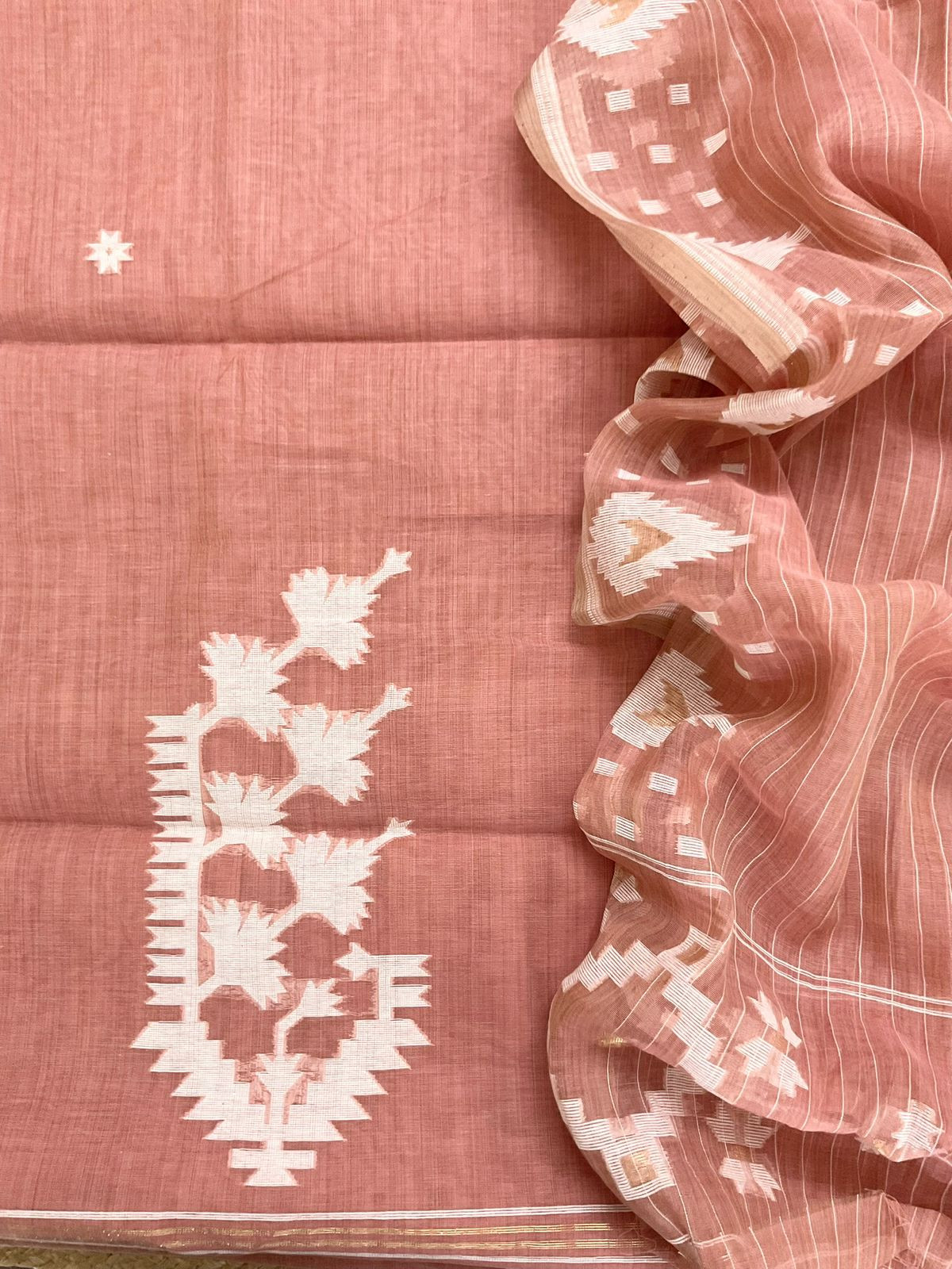 Soft Fine Slub Chanderi Jamdani Weaved Suit - Peach