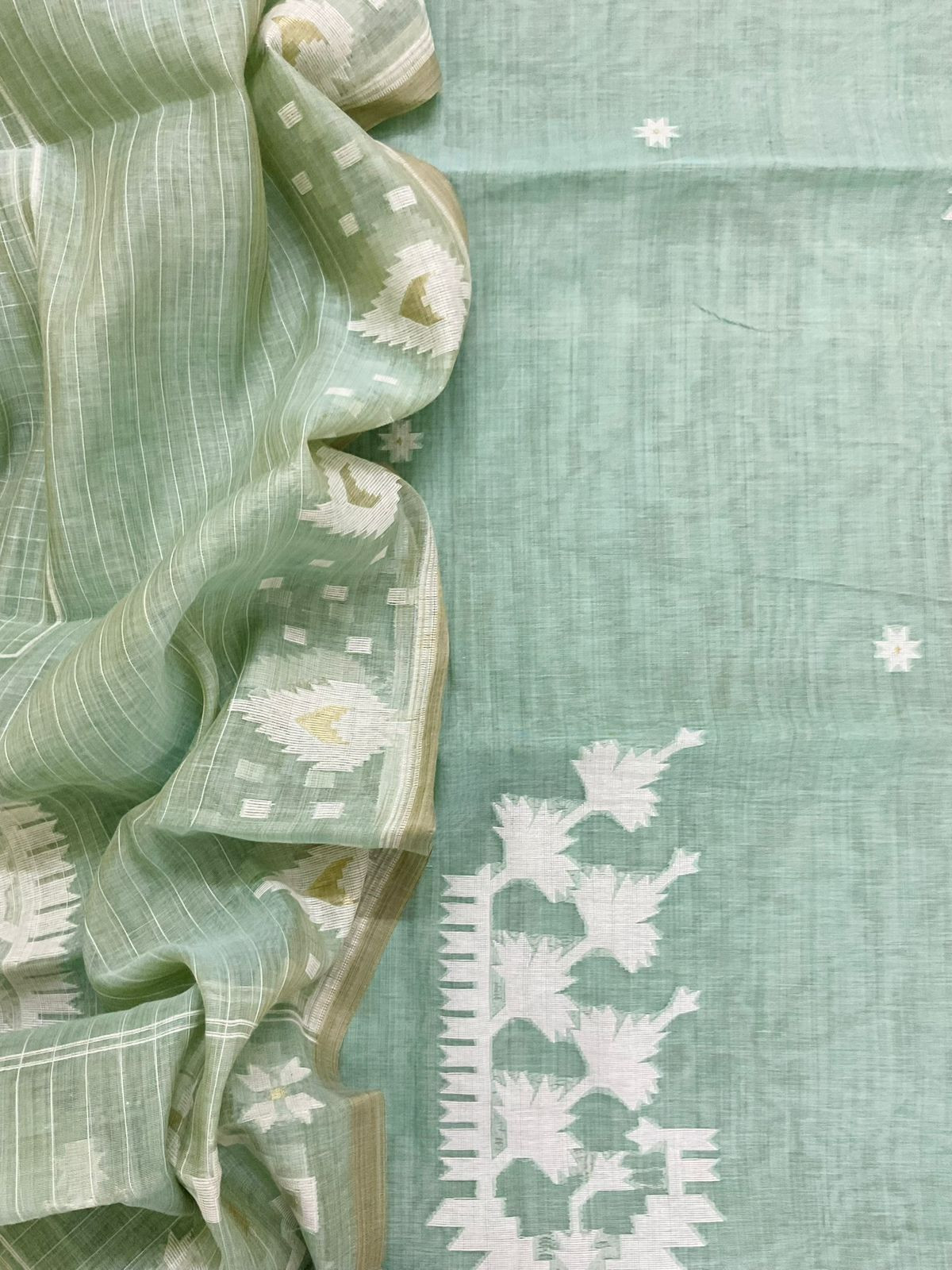 Soft Fine Slub Chanderi Jamdani Weaved Suit - Sea Green