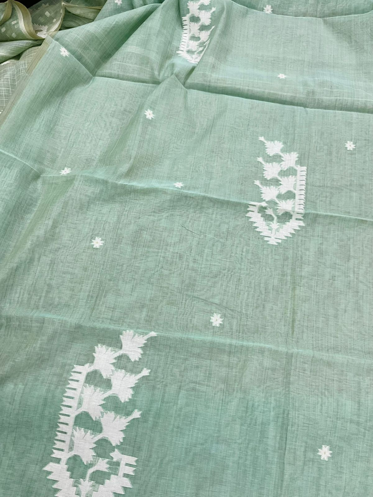 Soft Fine Slub Chanderi Jamdani Weaved Suit - Sea Green