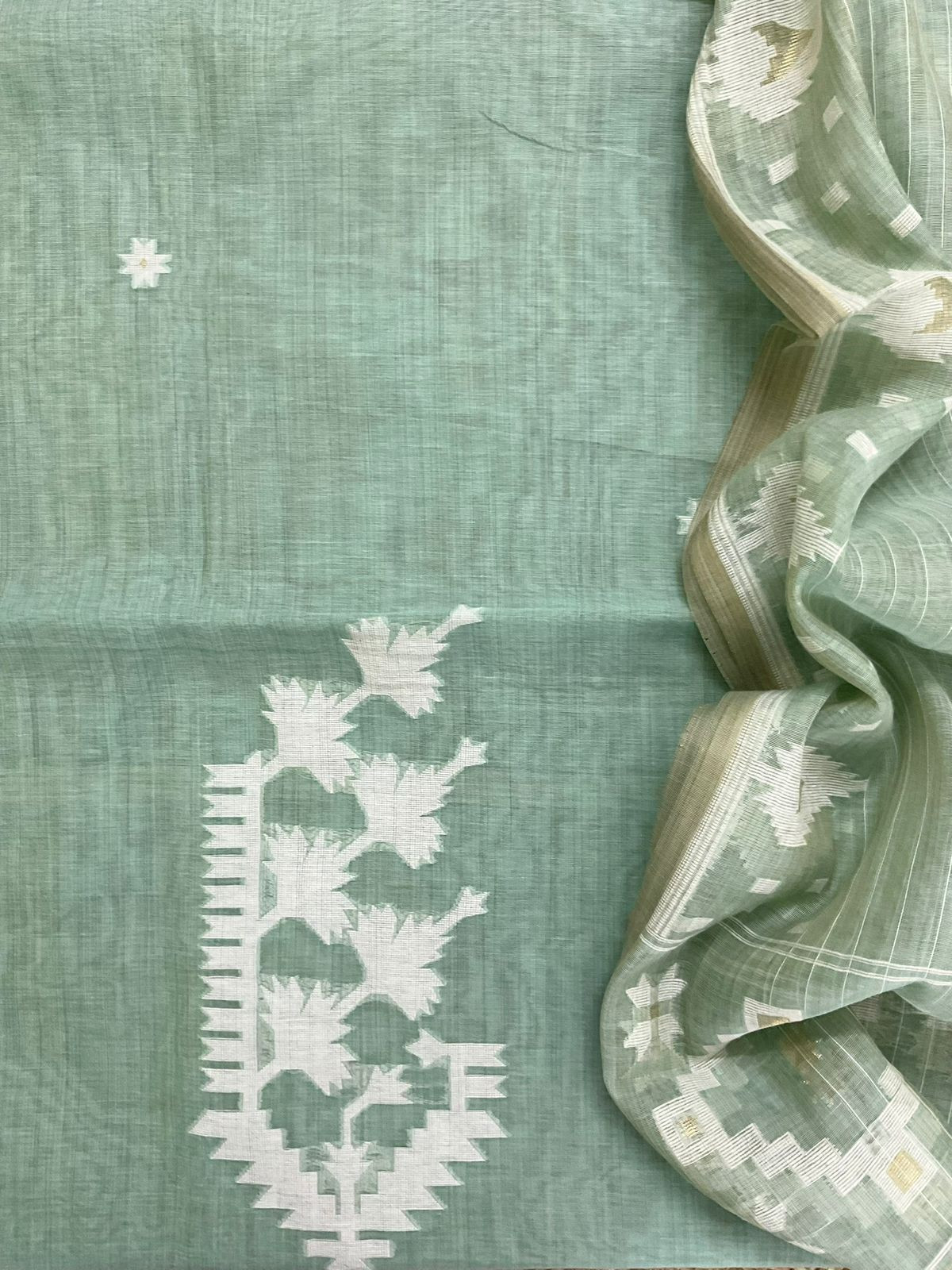 Soft Fine Slub Chanderi Jamdani Weaved Suit - Sea Green