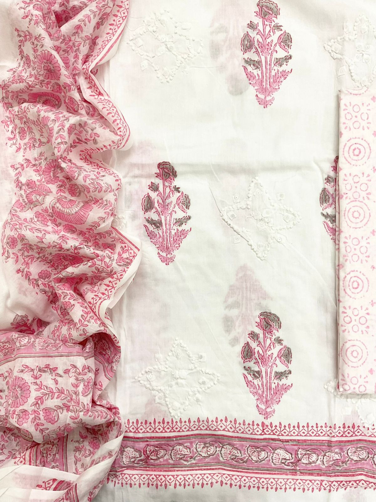 Pure Cotton Printed Embroidered Suit - White