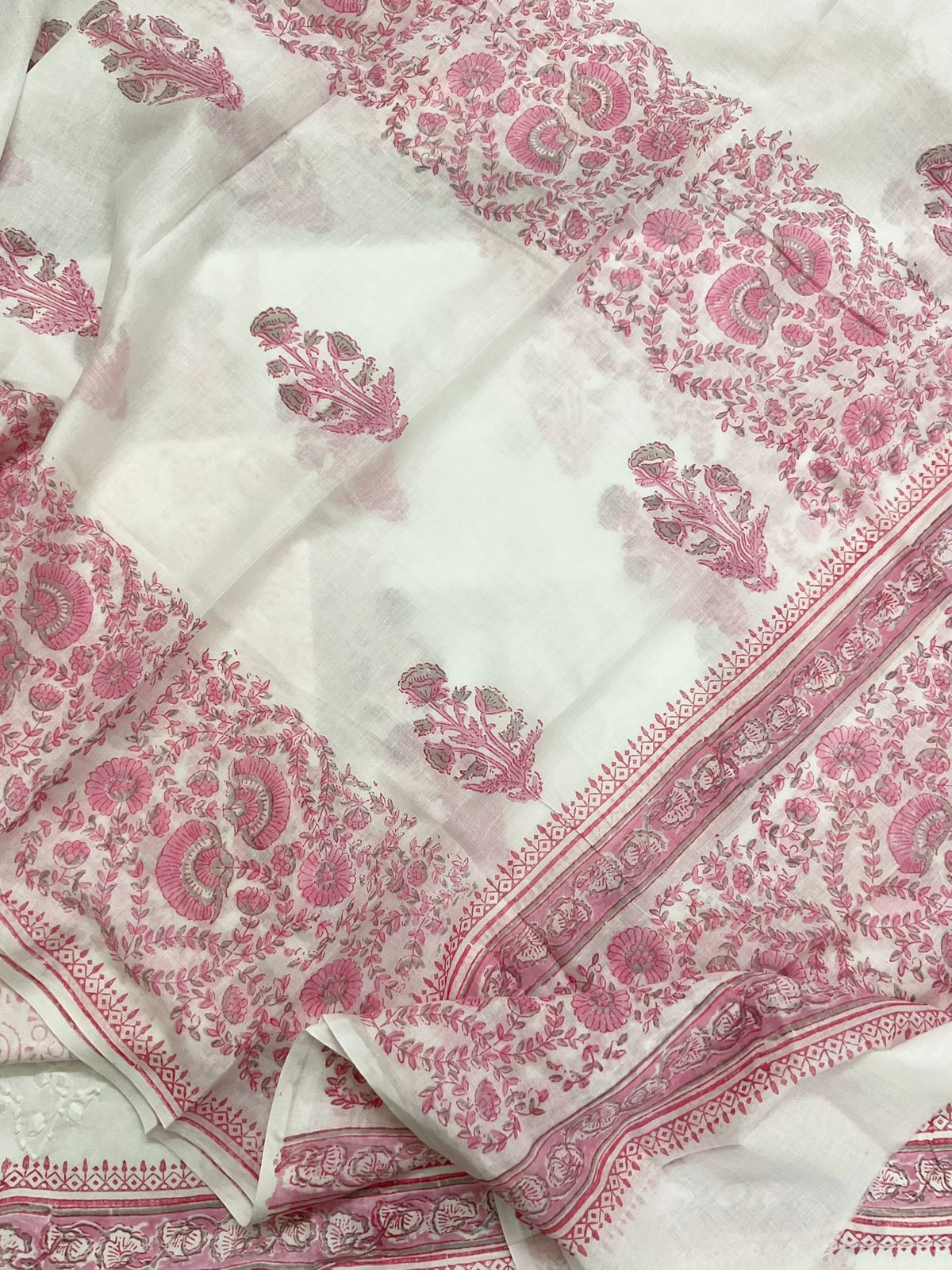 Pure Cotton Printed Embroidered Suit - White