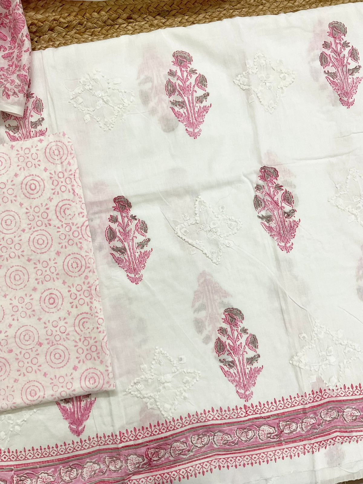 Pure Cotton Printed Embroidered Suit - White