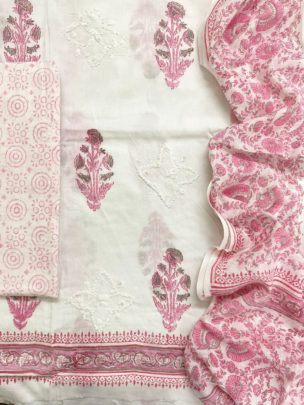 Pure Cotton Printed Embroidered Suit - White