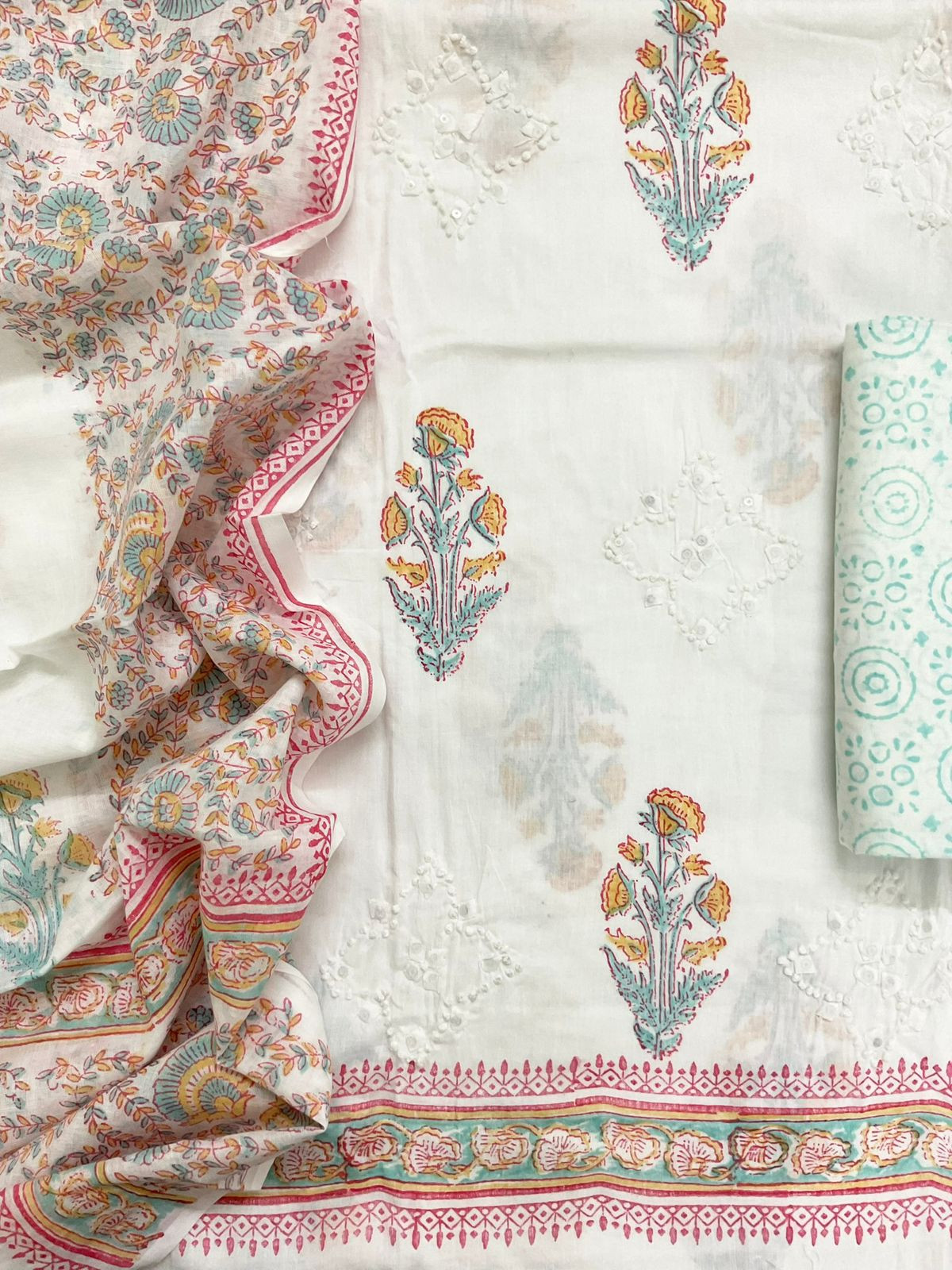 Pure Cotton Printed Embroidered Suit - White