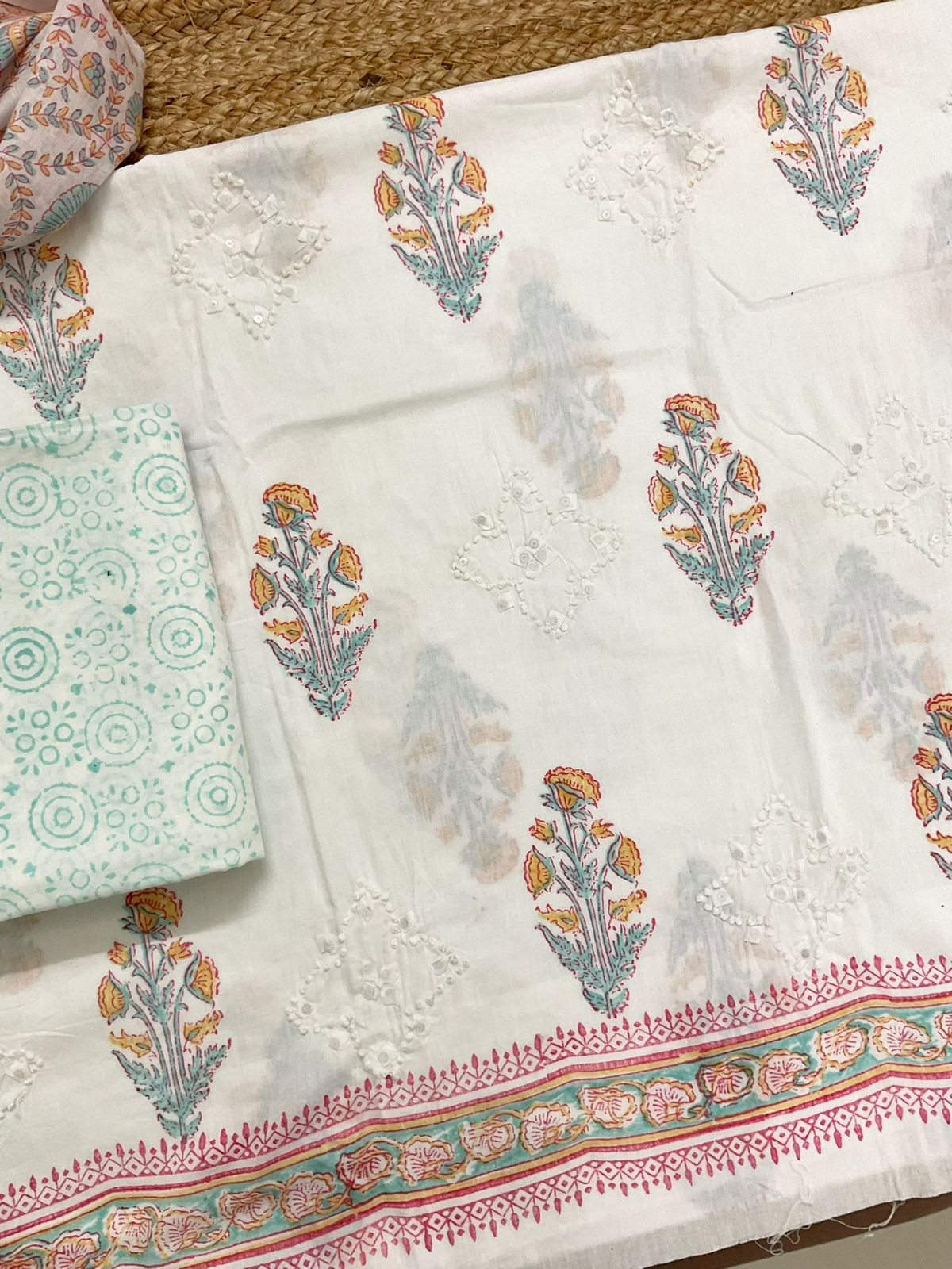 Pure Cotton Printed Embroidered Suit - White