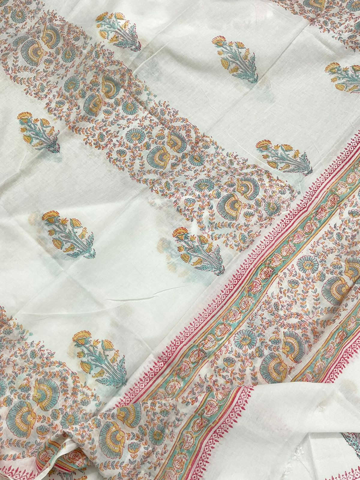 Pure Cotton Printed Embroidered Suit - White