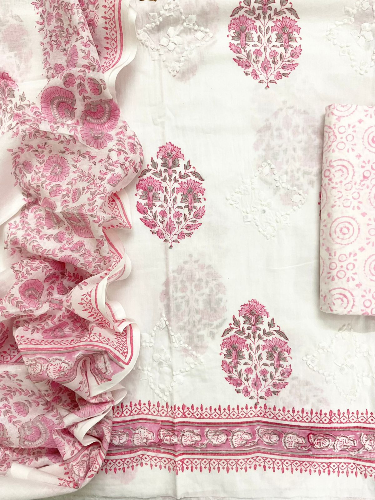 Pure Cotton Printed Embroidered Suit - White