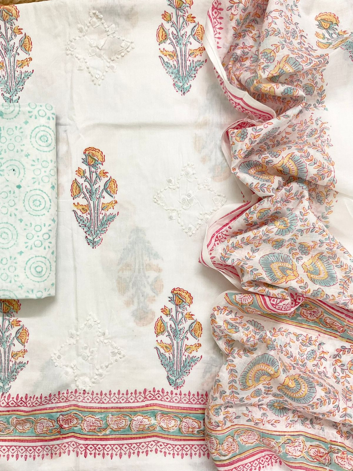 Pure Cotton Printed Embroidered Suit - White