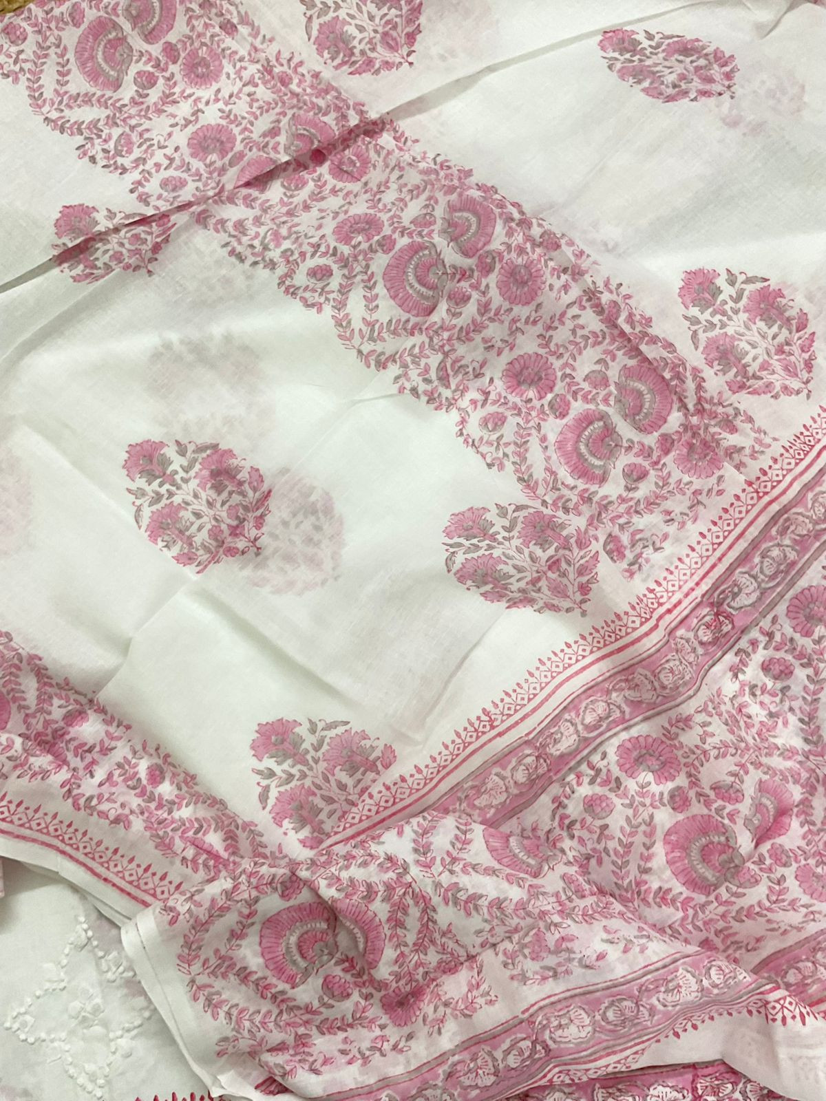 Pure Cotton Printed Embroidered Suit - White