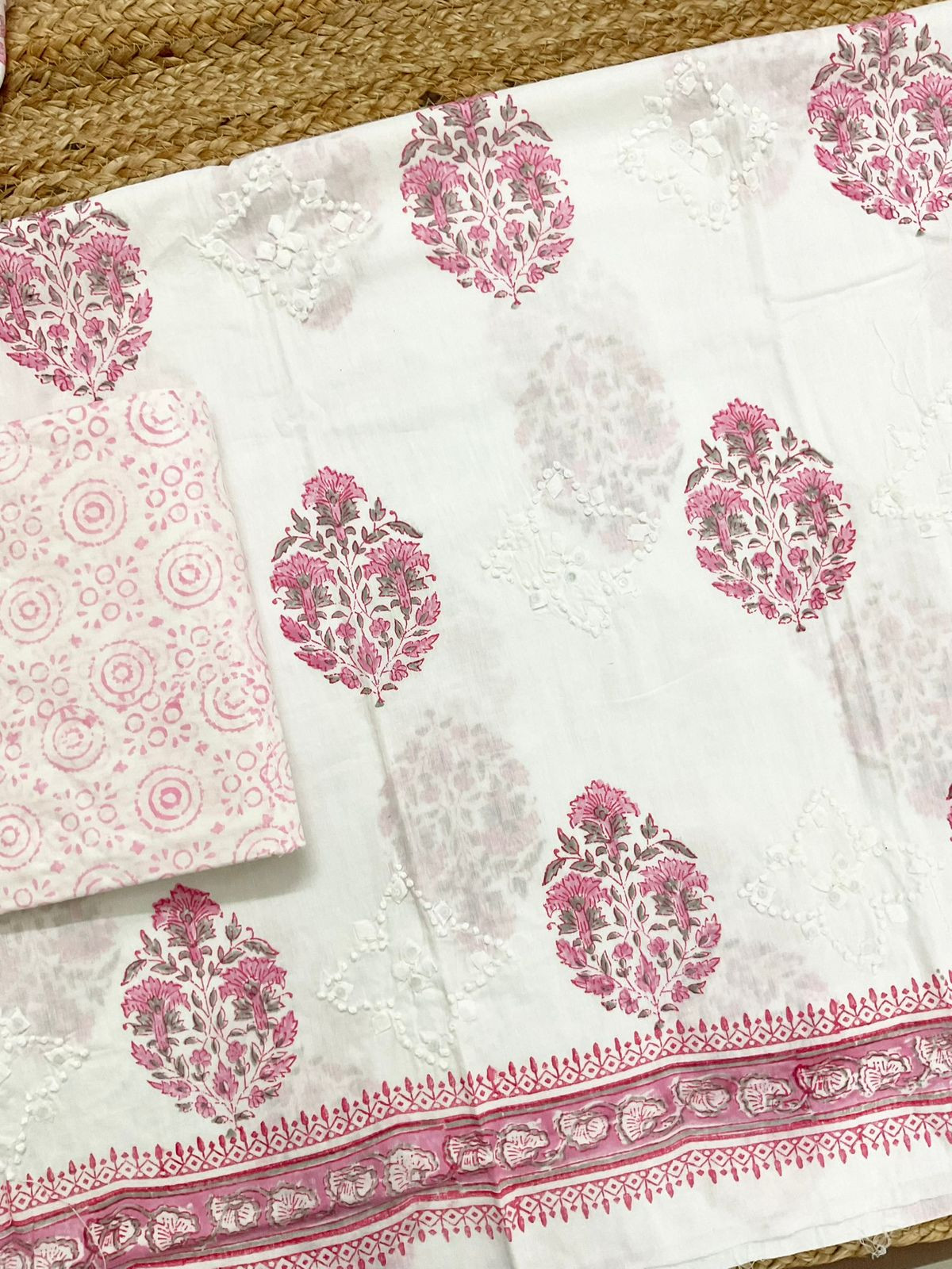 Pure Cotton Printed Embroidered Suit - White