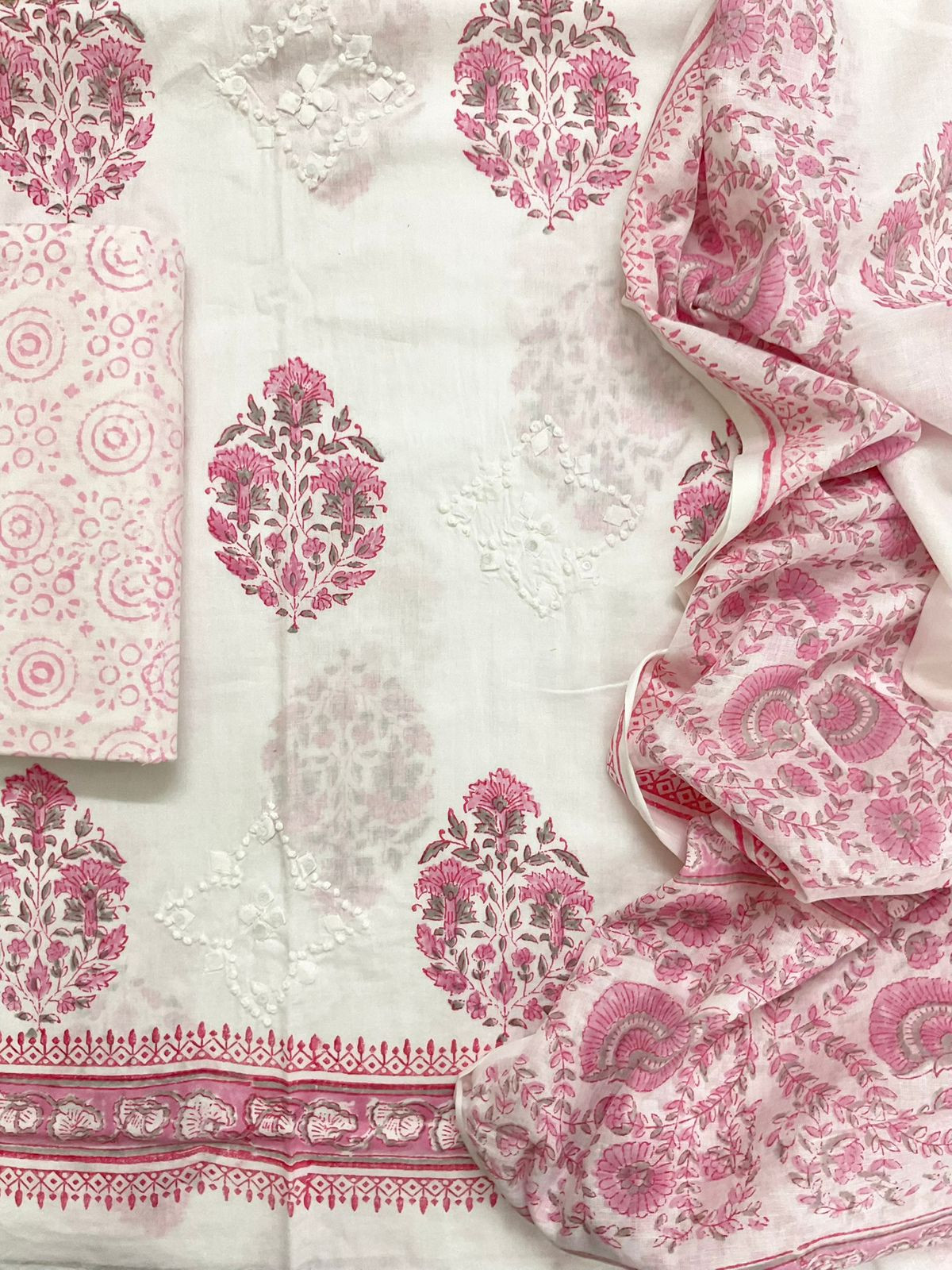 Pure Cotton Printed Embroidered Suit - White