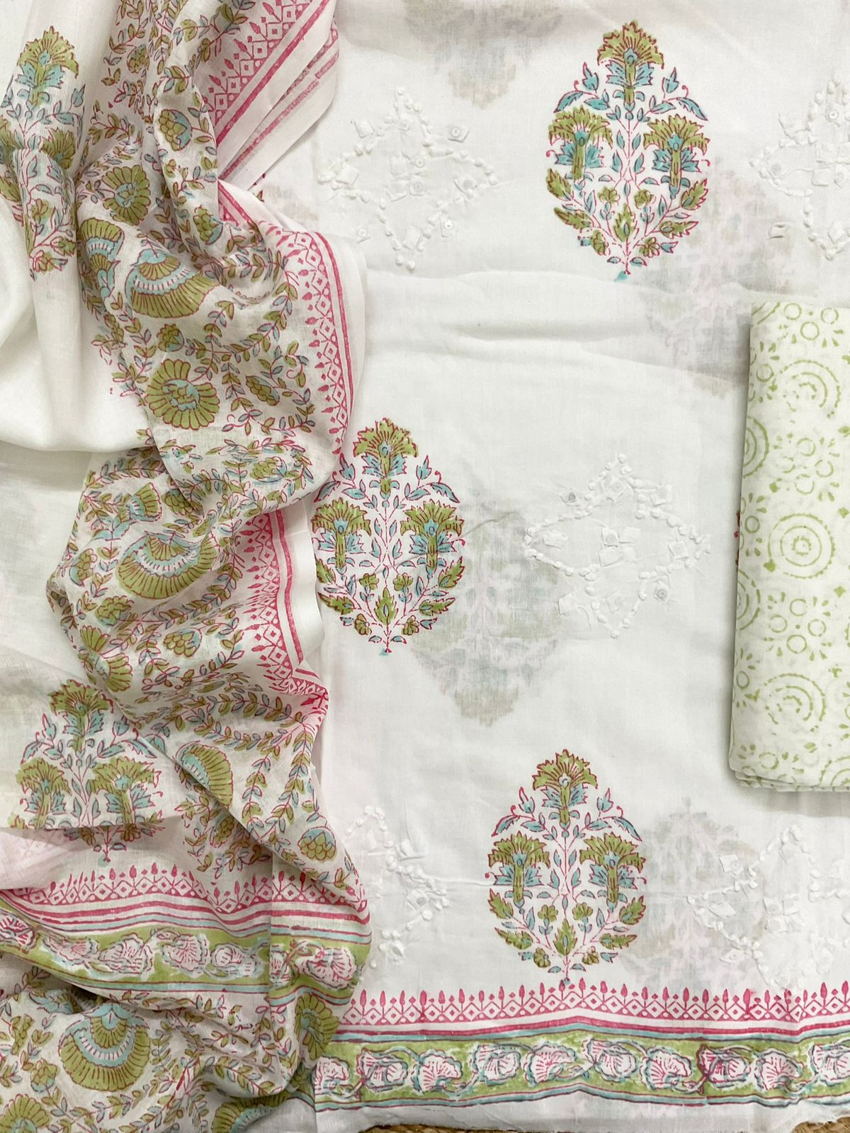 Pure Cotton Printed Embroidered Suit - White