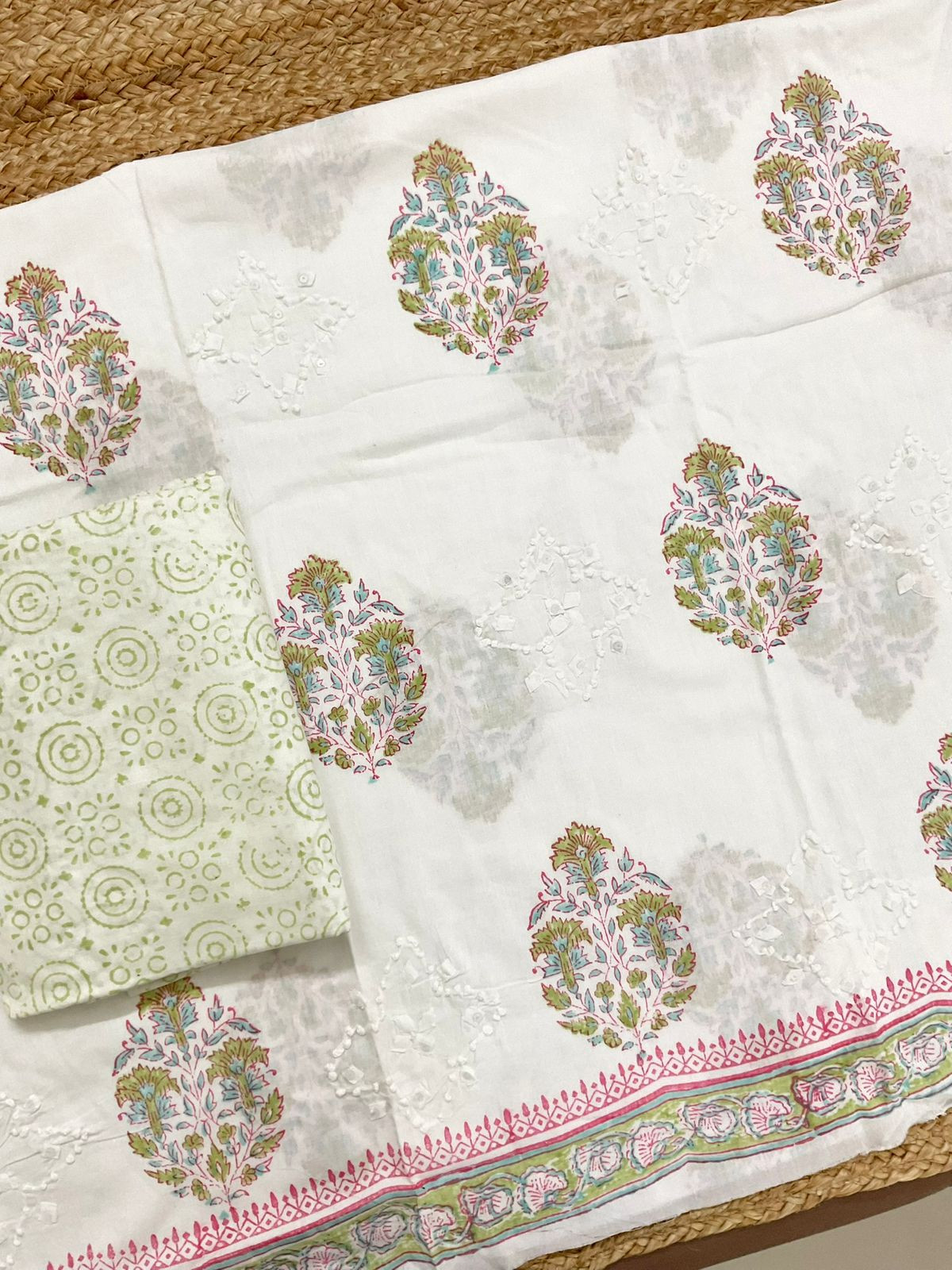 Pure Cotton Printed Embroidered Suit - White