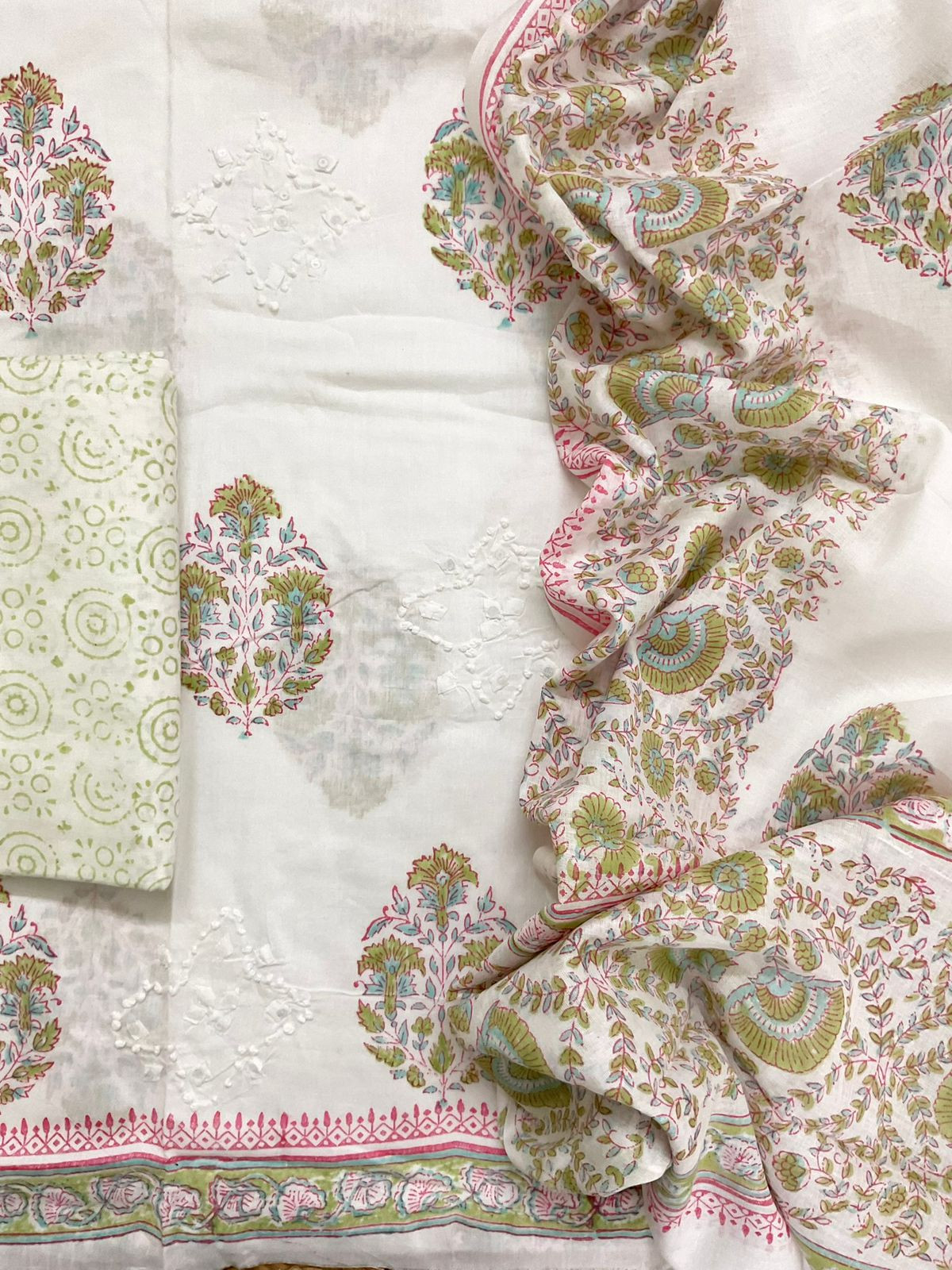 Pure Cotton Printed Embroidered Suit - White