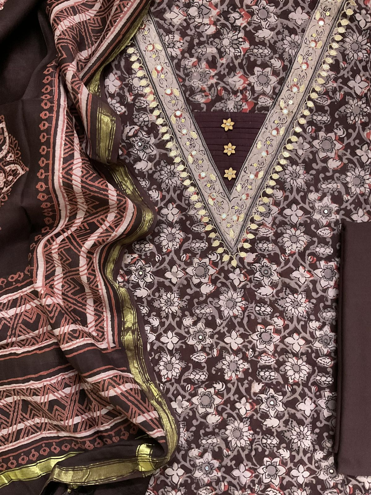 Pure Cotton Printed Embroidered Suit - Brown