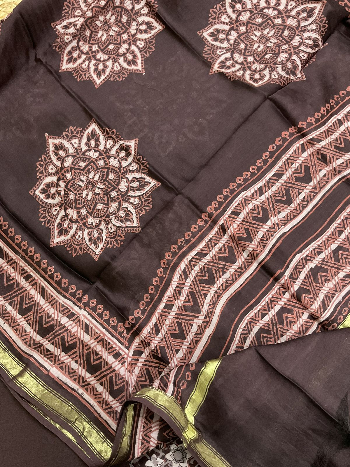 Pure Cotton Printed Embroidered Suit - Brown