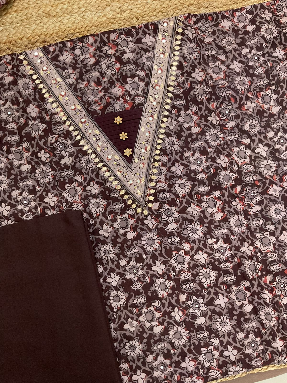 Pure Cotton Printed Embroidered Suit - Brown