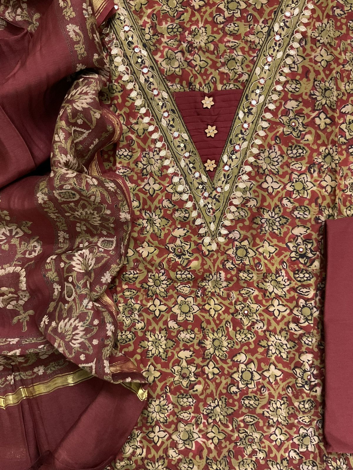 Pure Cotton Printed Embroidered Suit - Maroon