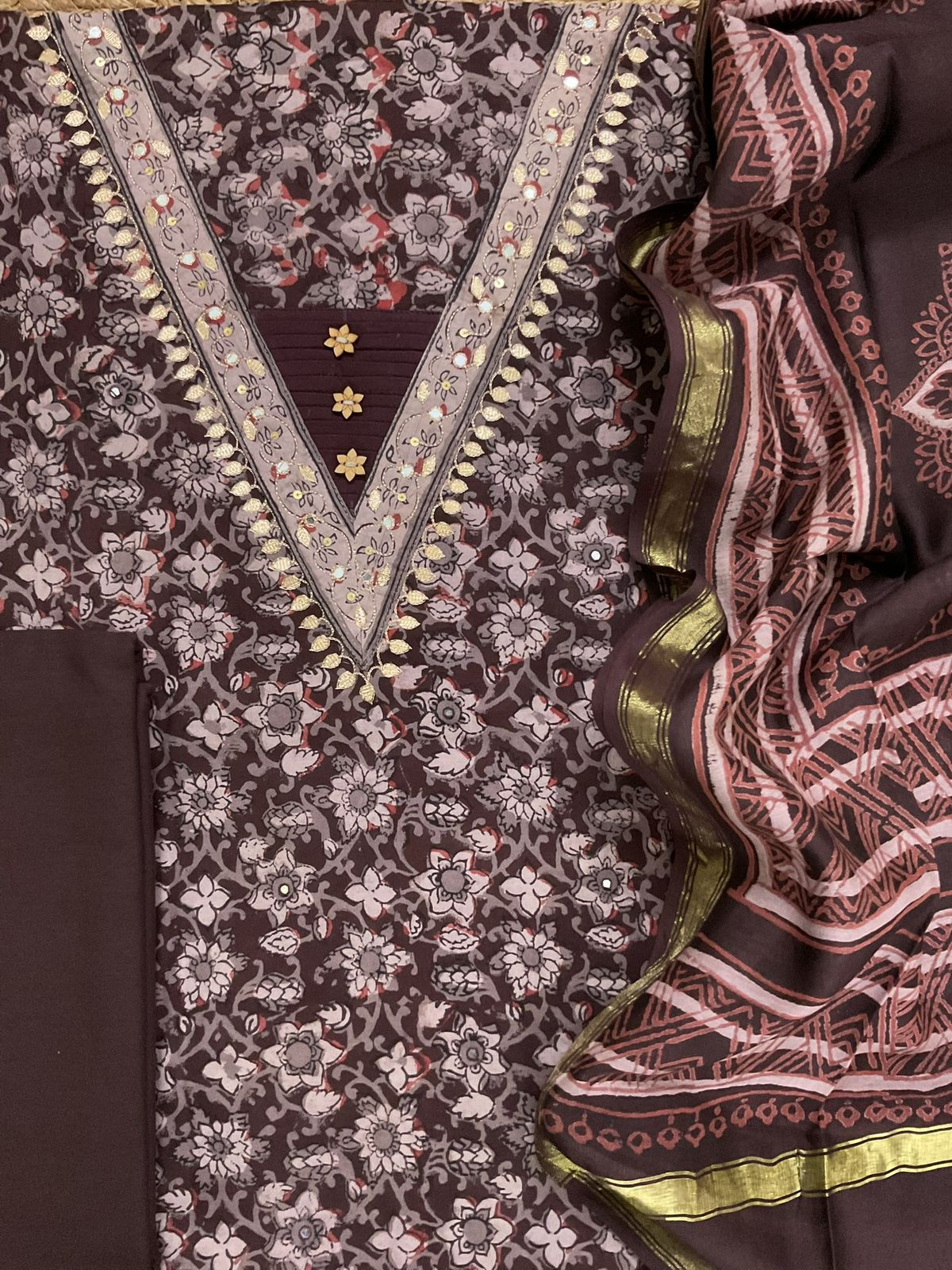 Pure Cotton Printed Embroidered Suit - Brown