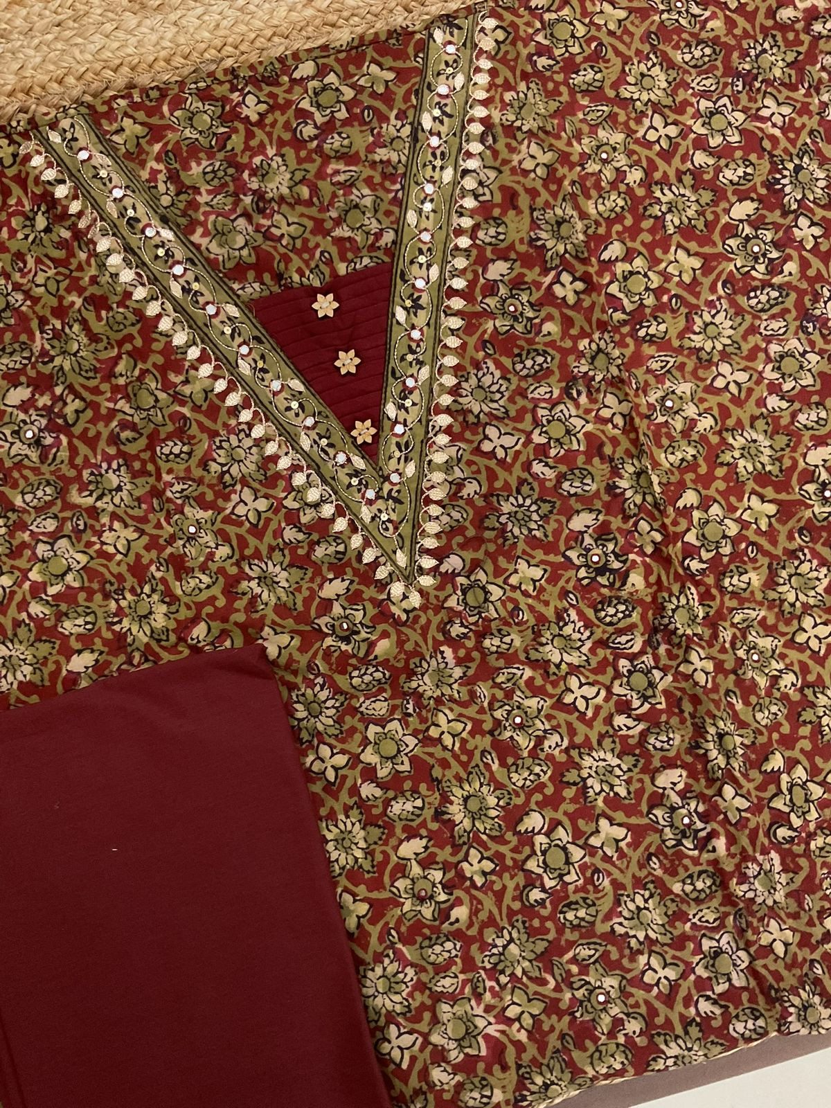 Pure Cotton Printed Embroidered Suit - Maroon