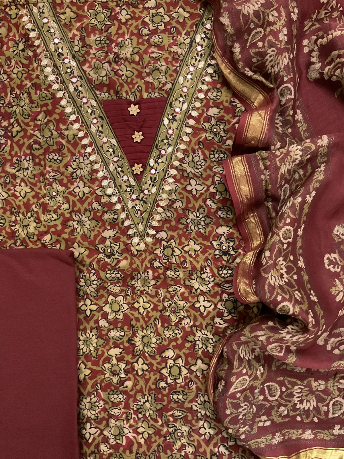 Pure Cotton Printed Embroidered Suit - Maroon