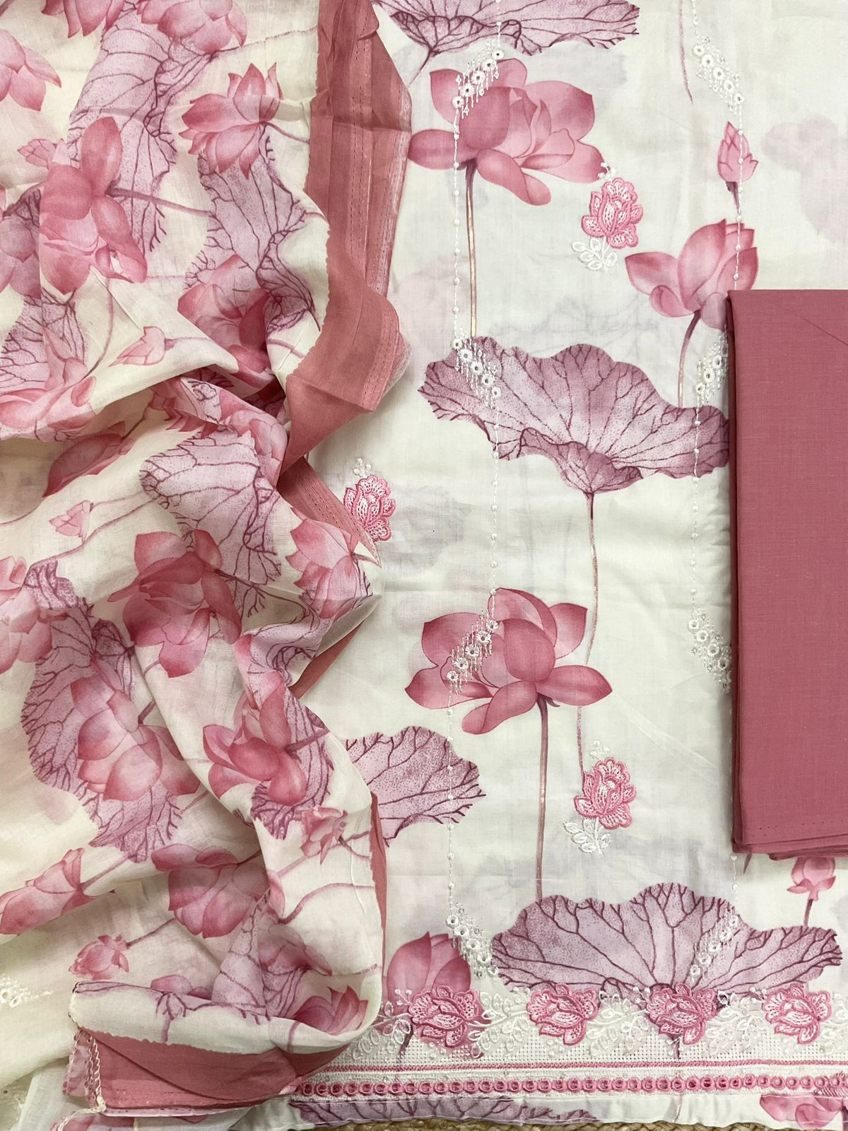 Pure Cotton Printed Embroidered Suit - Off White