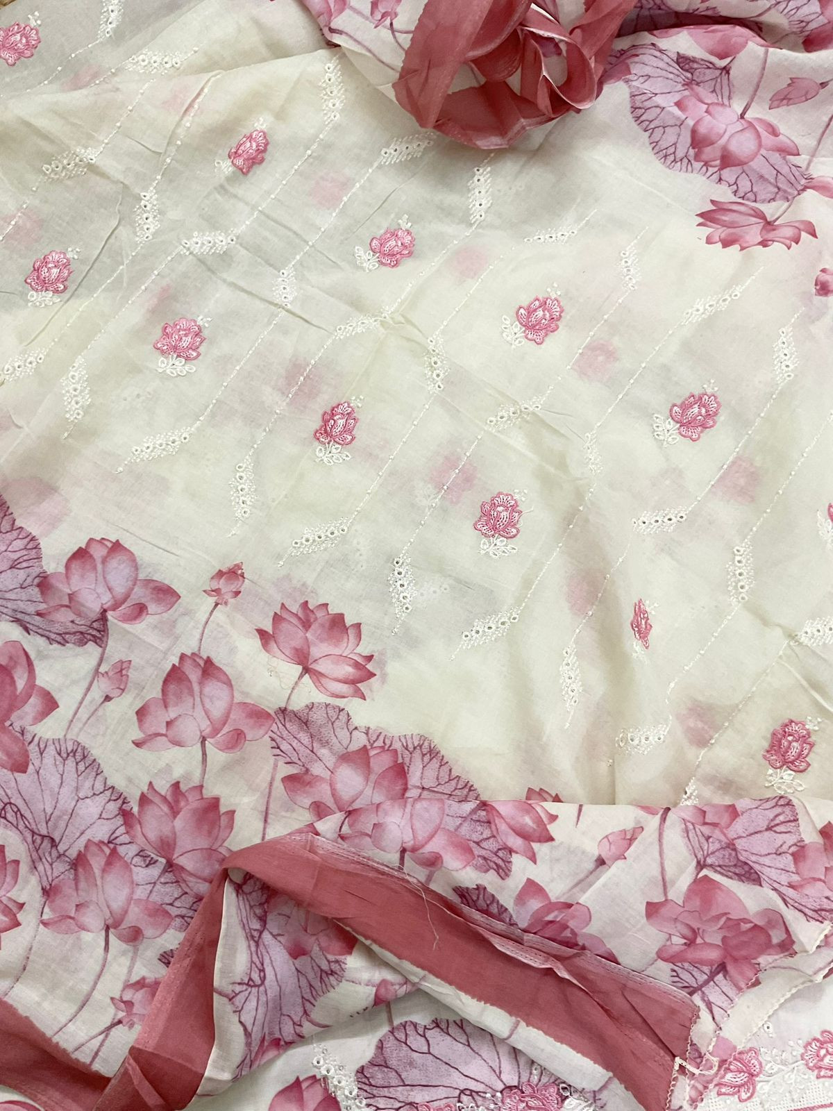 Pure Cotton Printed Embroidered Suit - Off White