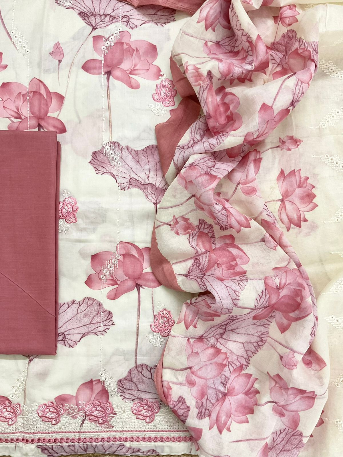 Pure Cotton Printed Embroidered Suit - Off White