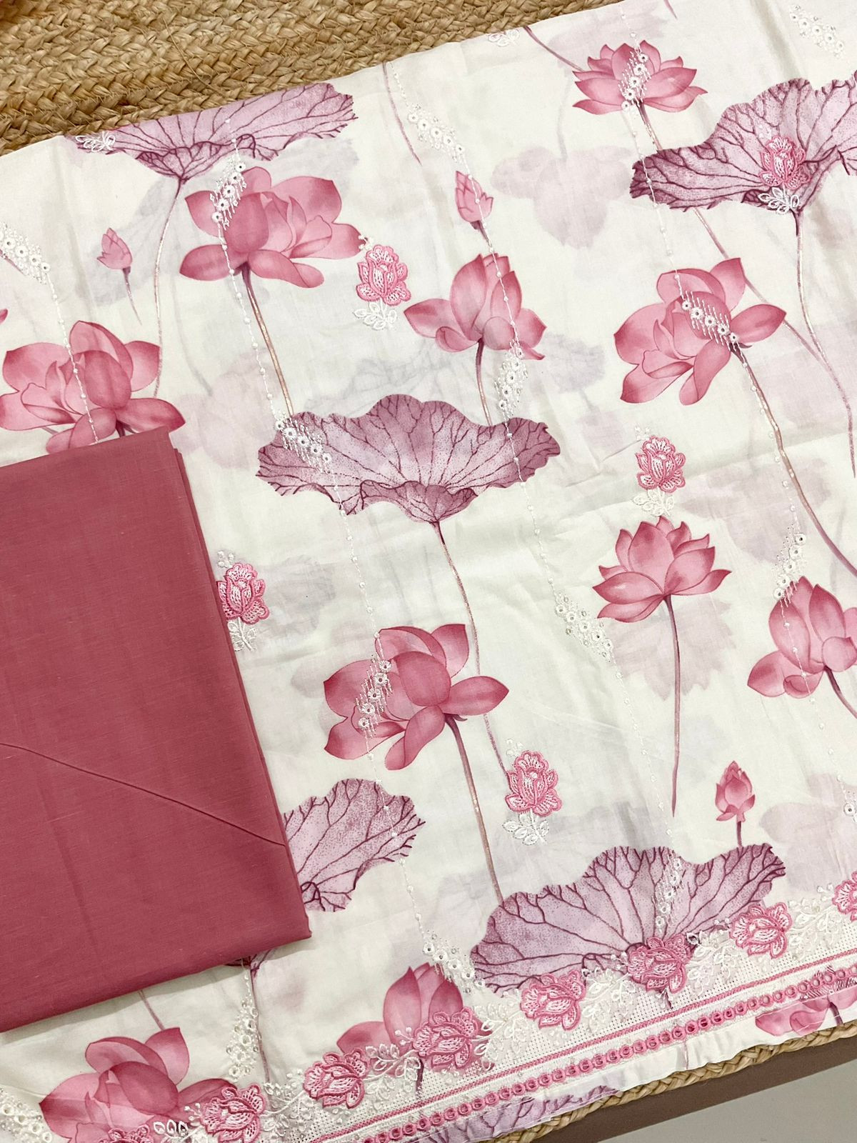 Pure Cotton Printed Embroidered Suit - Off White