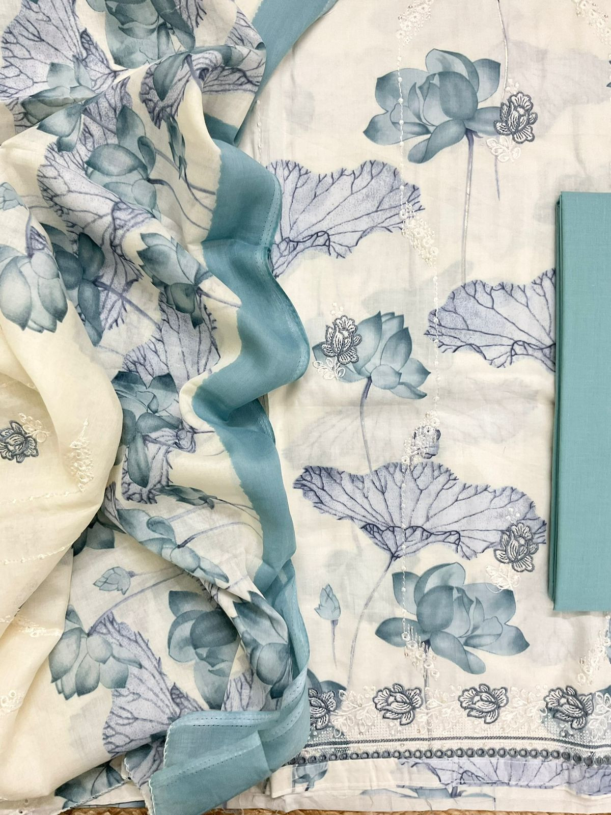 Pure Cotton Printed Embroidered Suit - Off White