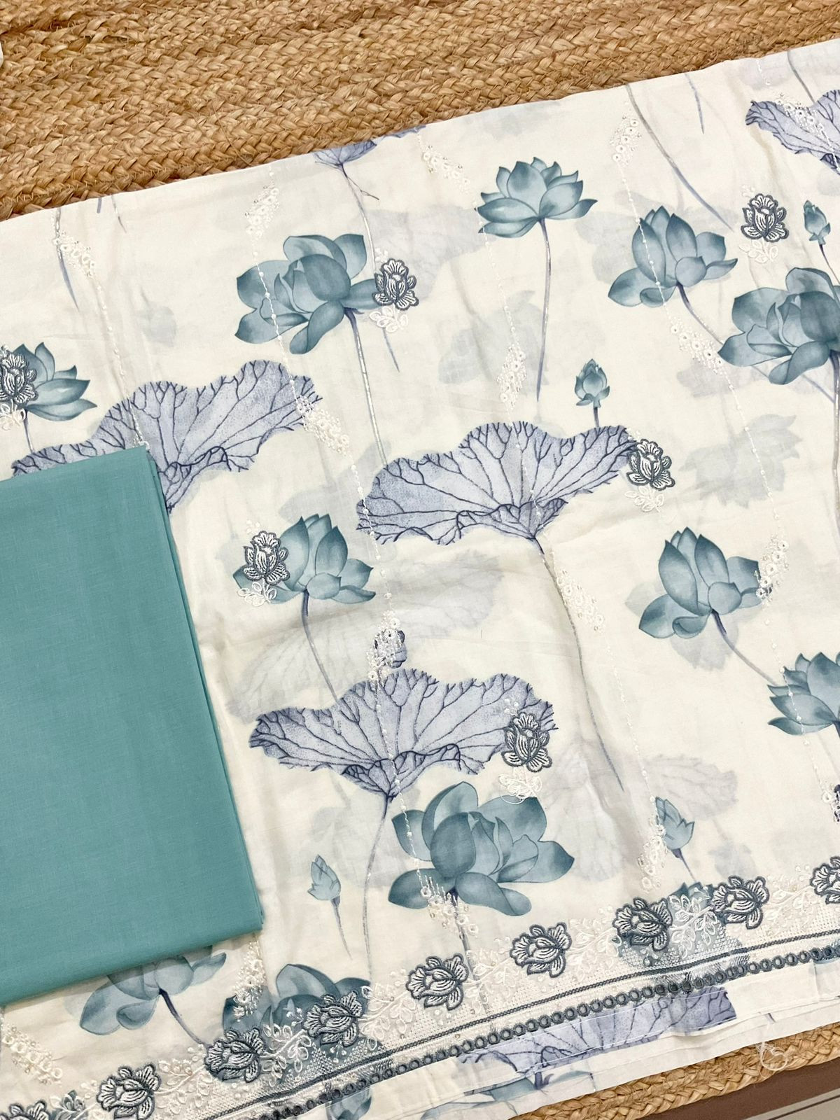 Pure Cotton Printed Embroidered Suit - Off White