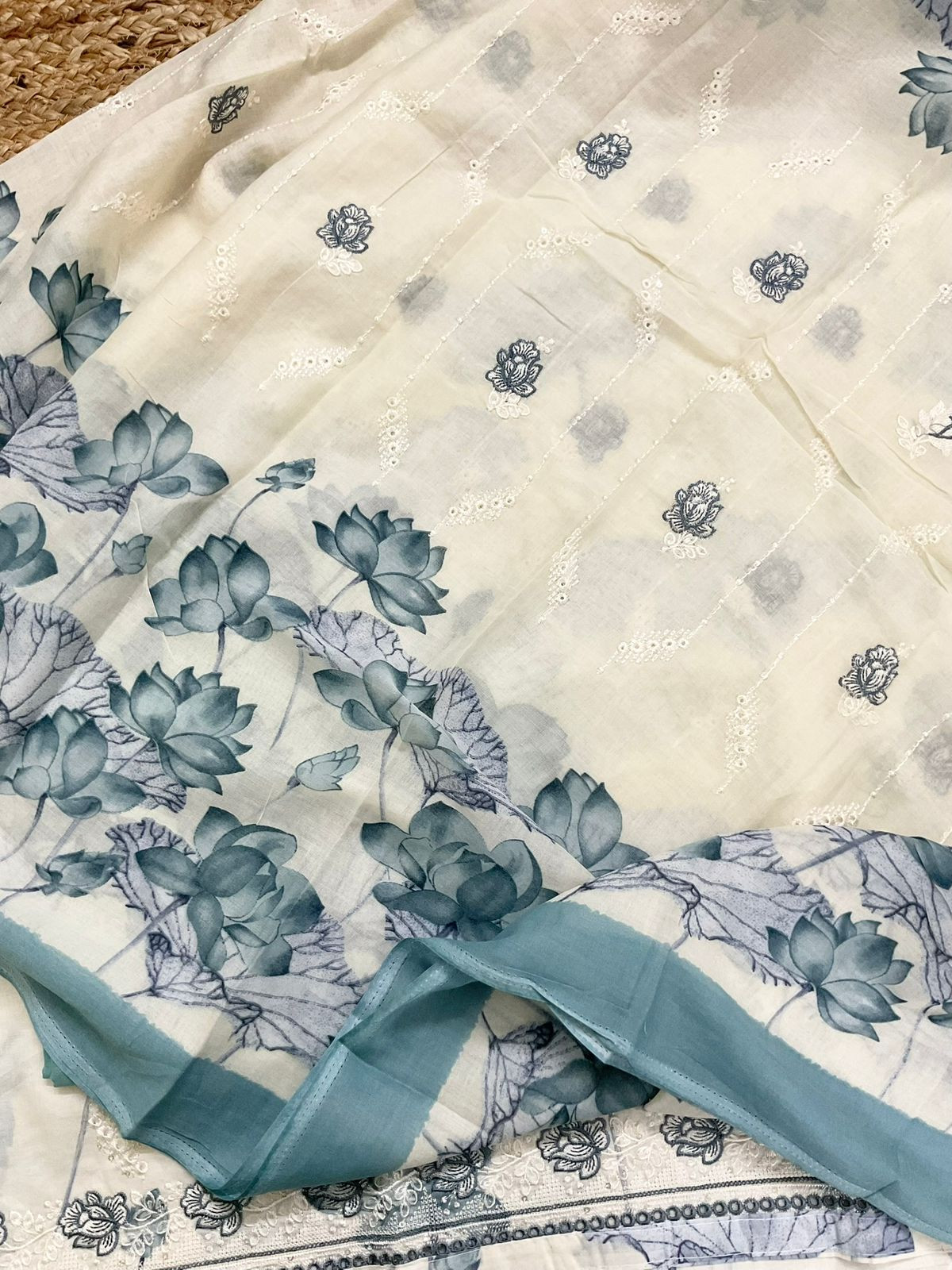 Pure Cotton Printed Embroidered Suit - Off White