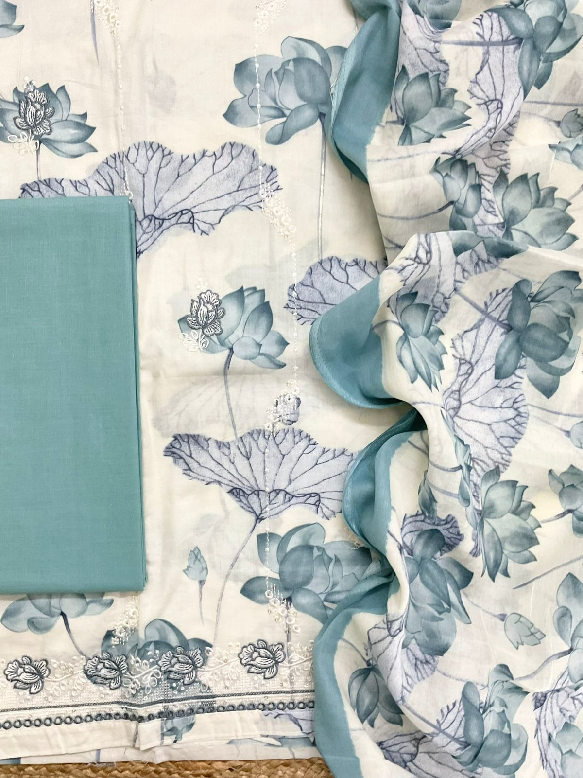 Pure Cotton Printed Embroidered Suit - Off White