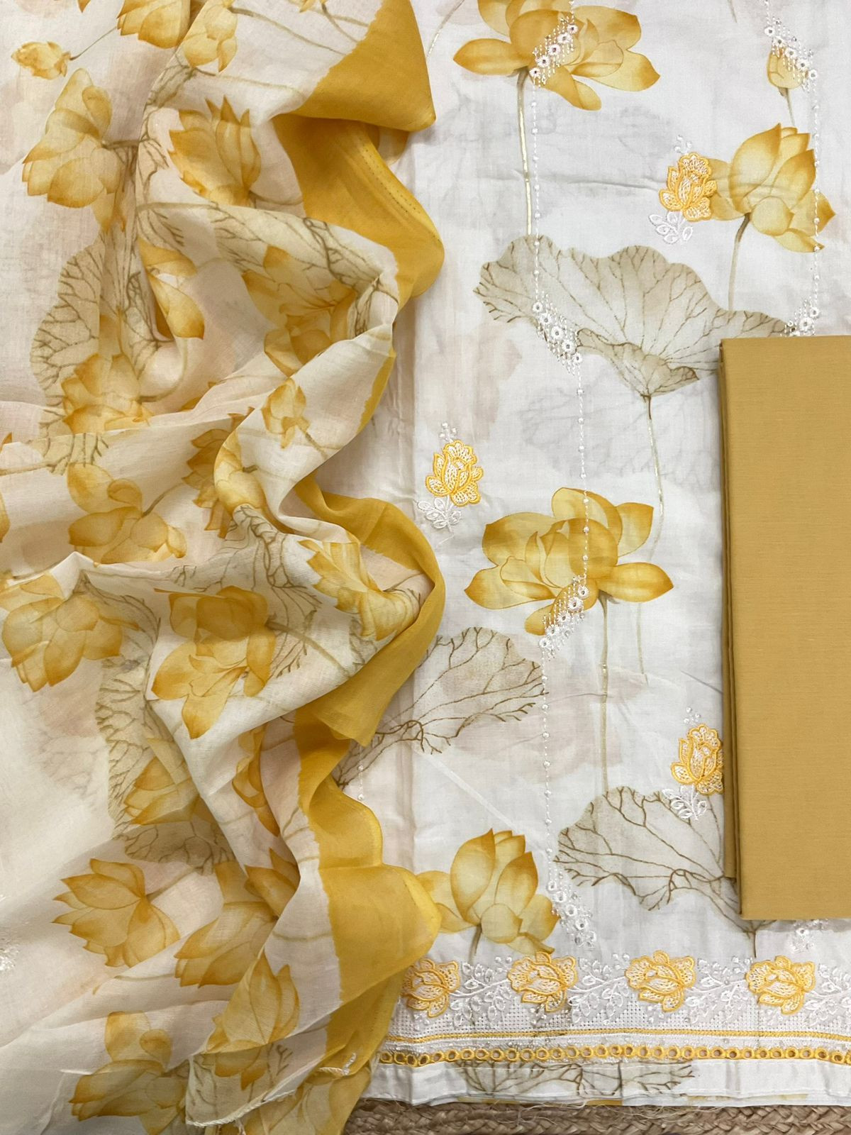 Pure Cotton Printed Embroidered Suit - Off White