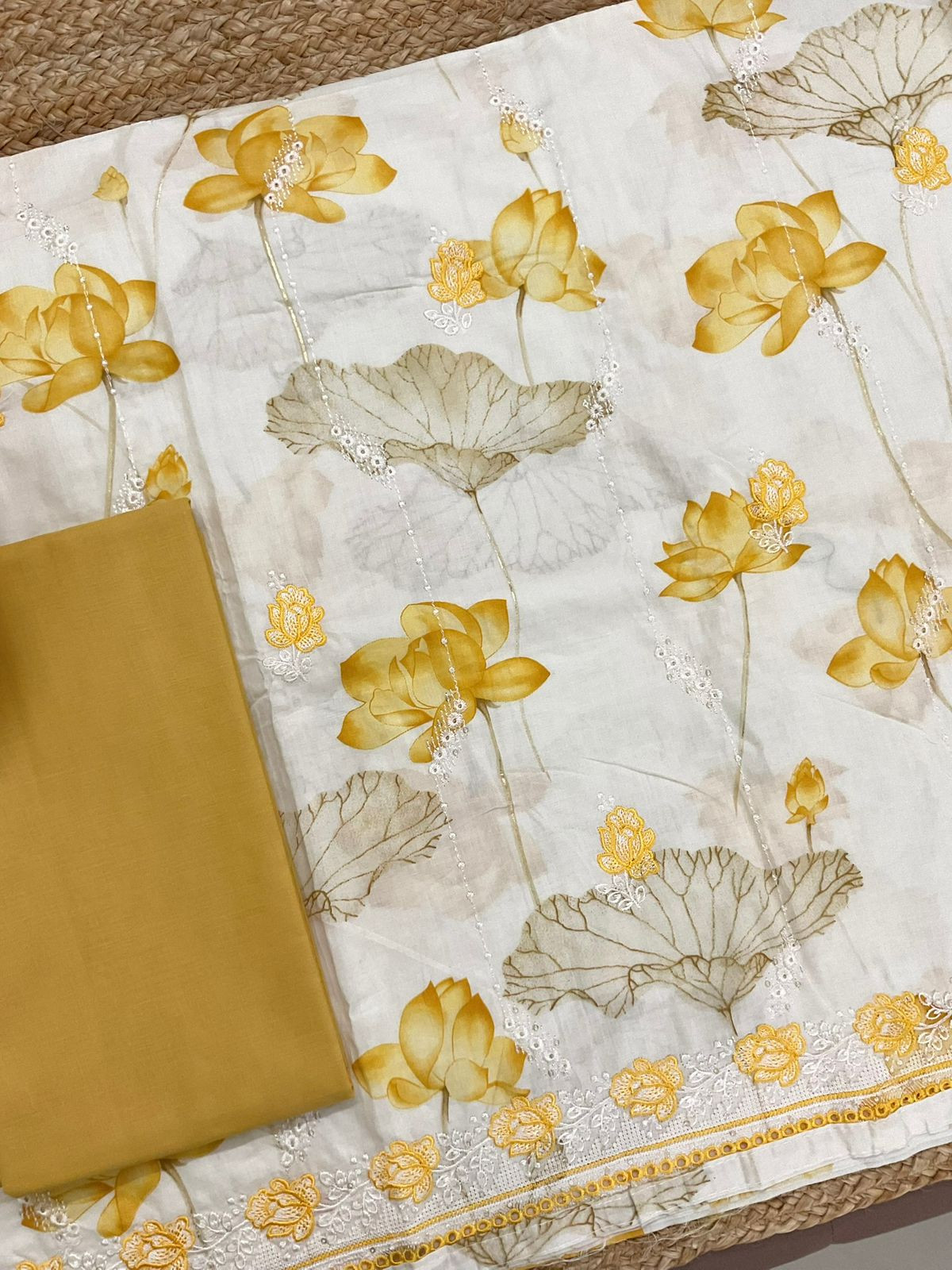 Pure Cotton Printed Embroidered Suit - Off White